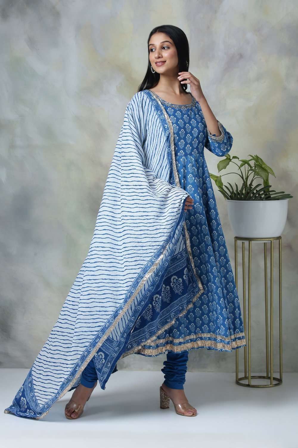 Blue Cotton Anarkali Kurta Churidar Suit Set Biba India