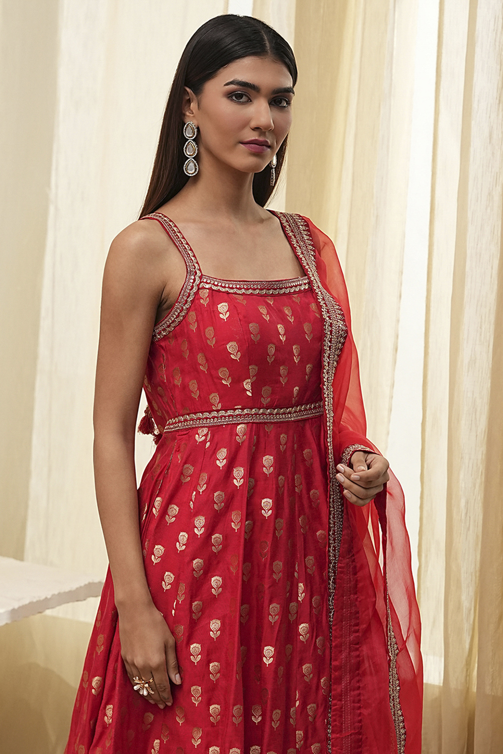 Red Yarn-Dyed Strappy Anarkali Suit Set image number 1