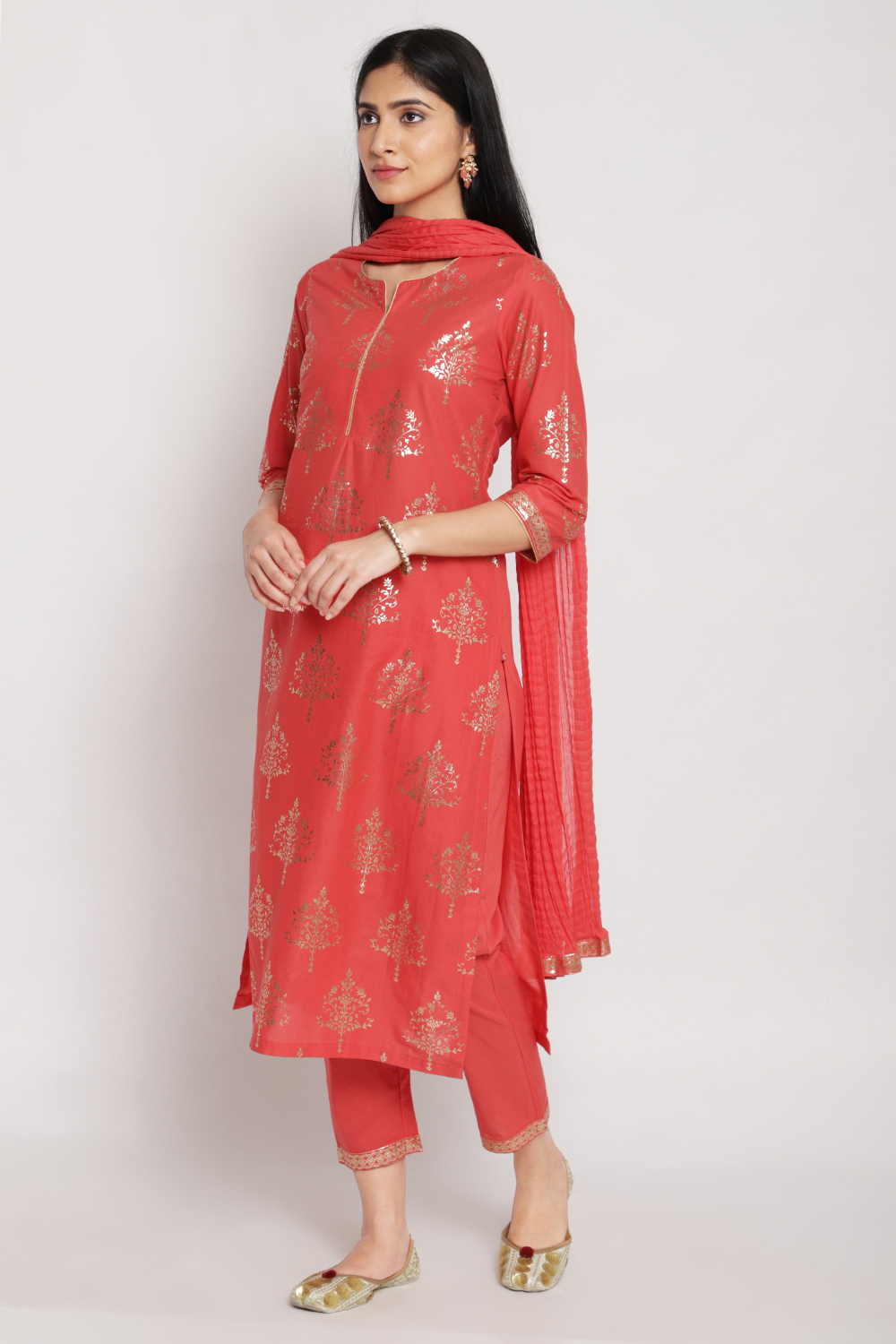 Coral Cotton Straight Kurta Pant Suit Set image number 0