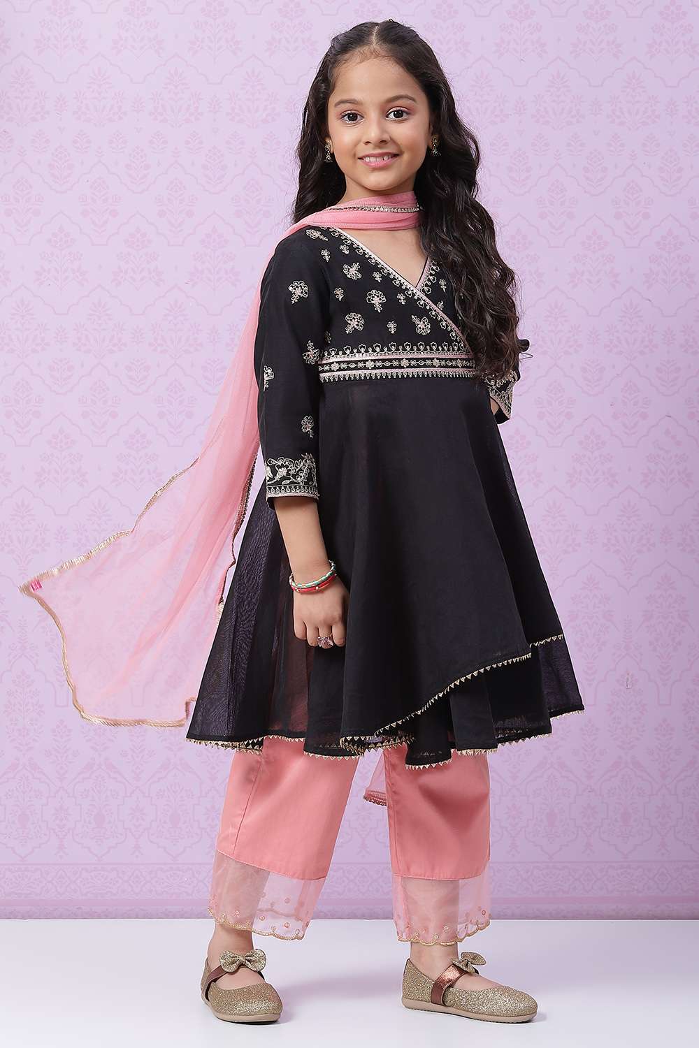 Black Art Silk Anarkali Straight Kurta Palazzo Suit Set image number 0