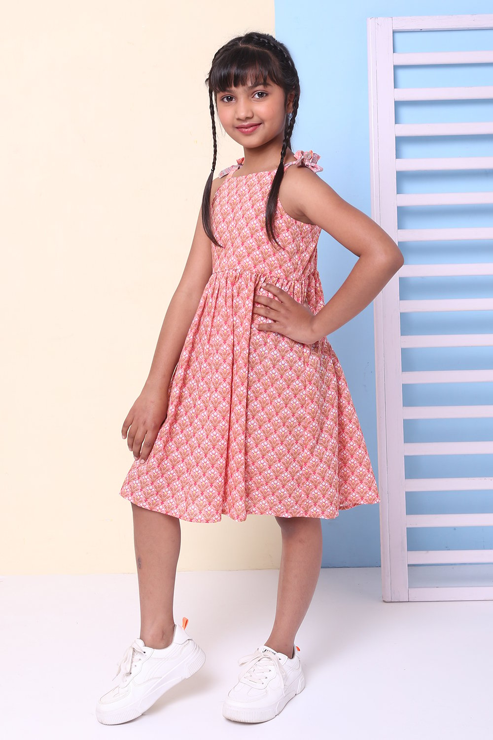 Peach Cotton Flared Printed Dress image number 3