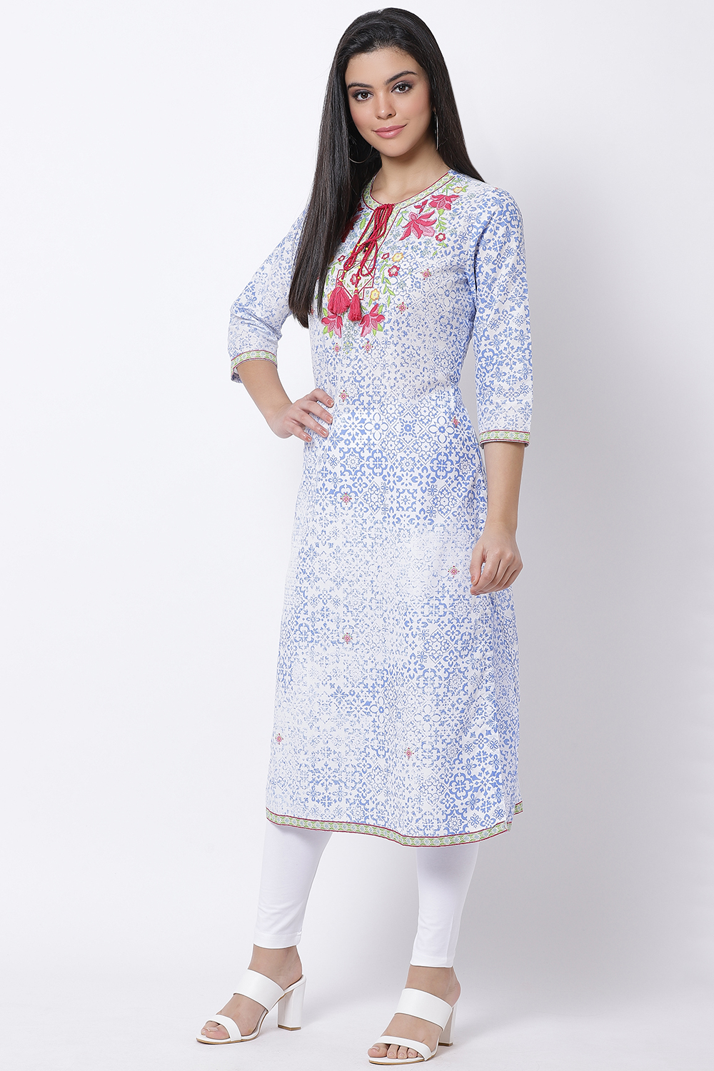 Blue Cotton Straight Printed Kurta image number 2