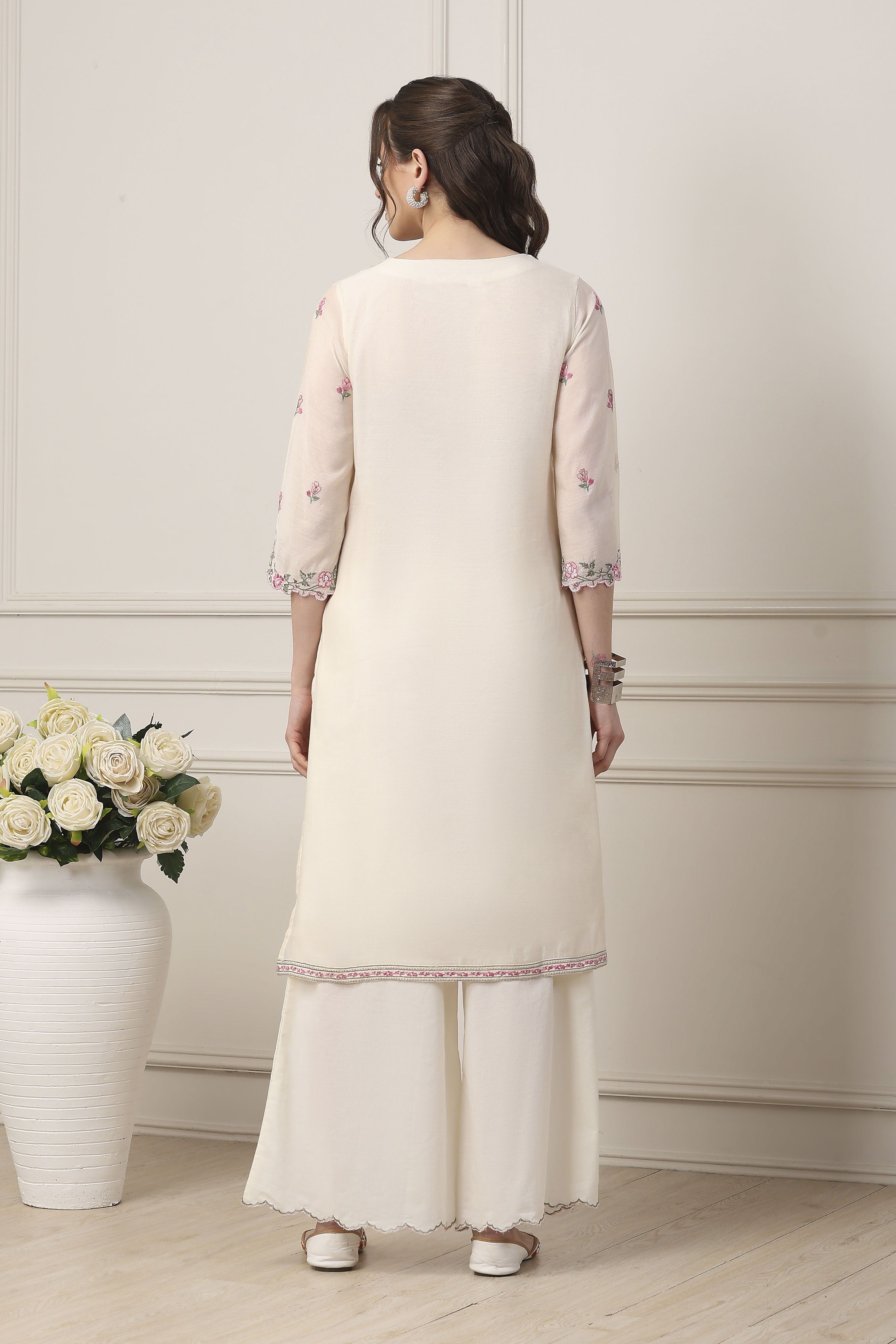 White Poly Chanderi Floral Work Straight Suit Set image number 4