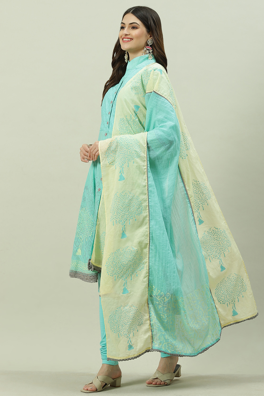Buy Aqua Cotton Asymmetric Kurta Churidar Suit Set Kurta