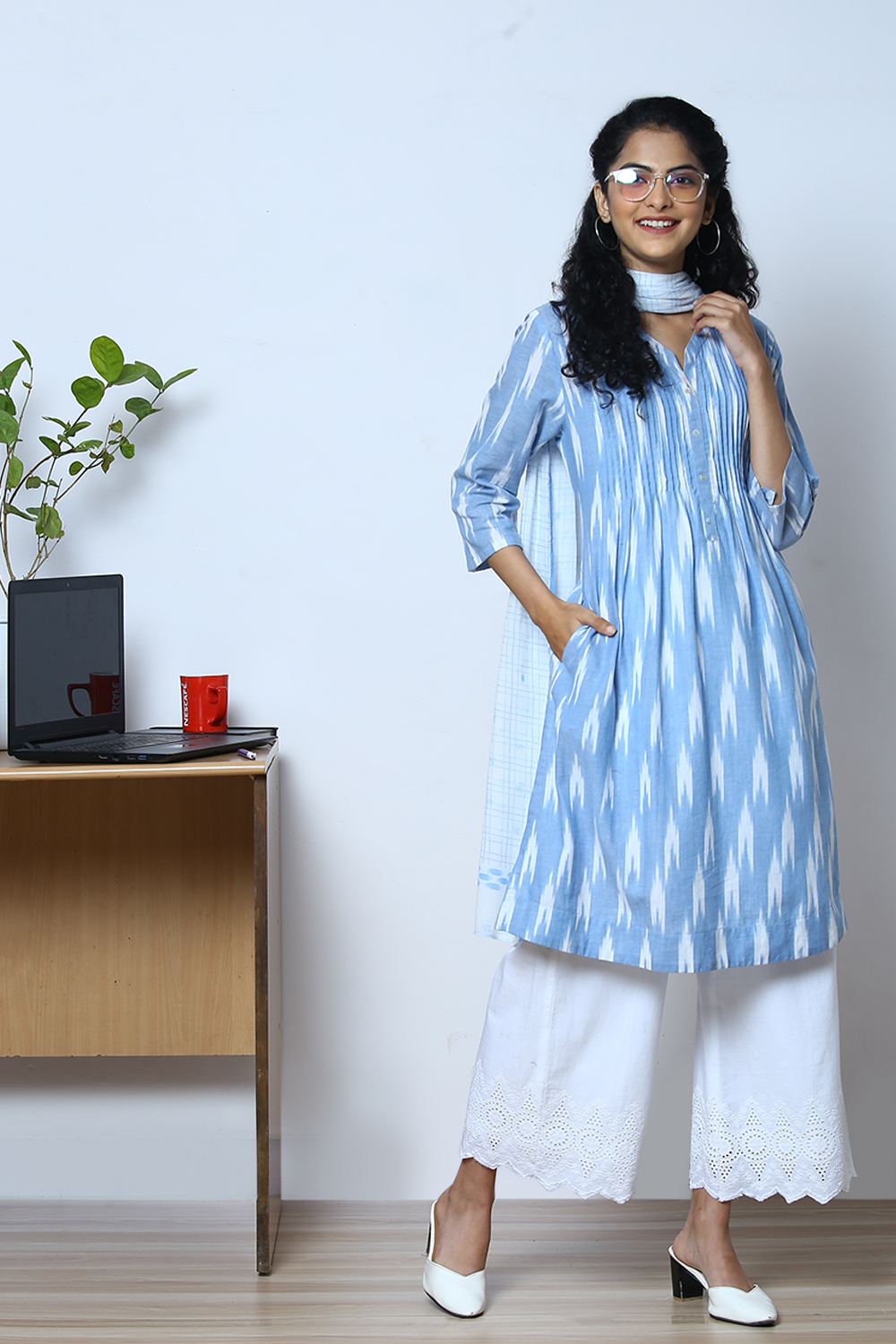 Ice Blue Cotton Straight Kurta Slim Pants Suit Set image number 5