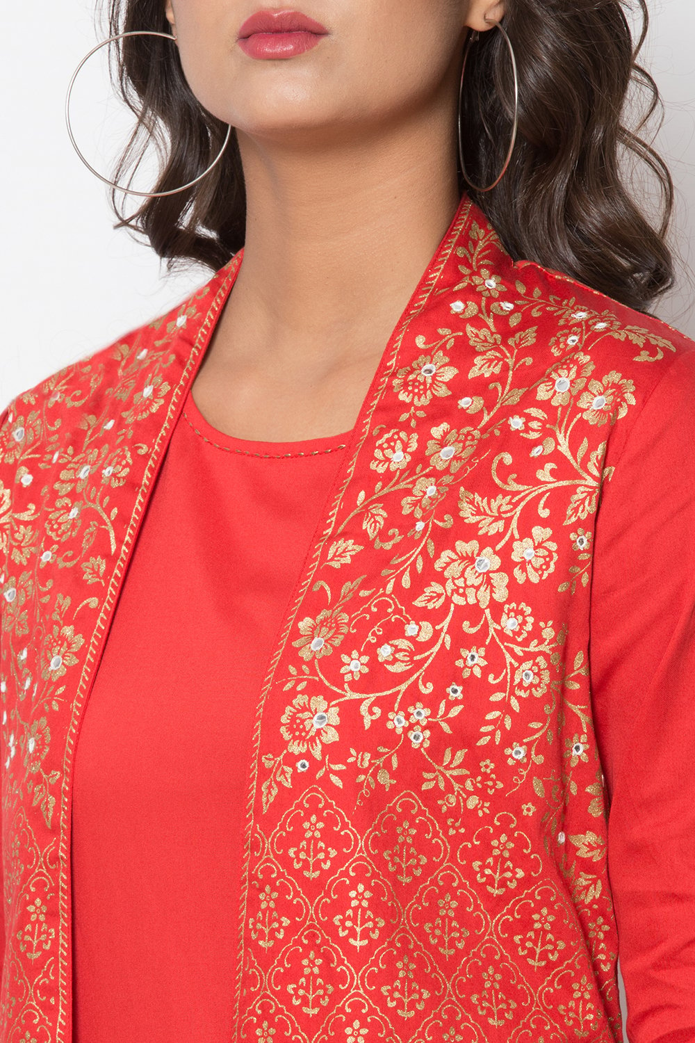 Red Cotton Front Open Printed Kurta image number 1