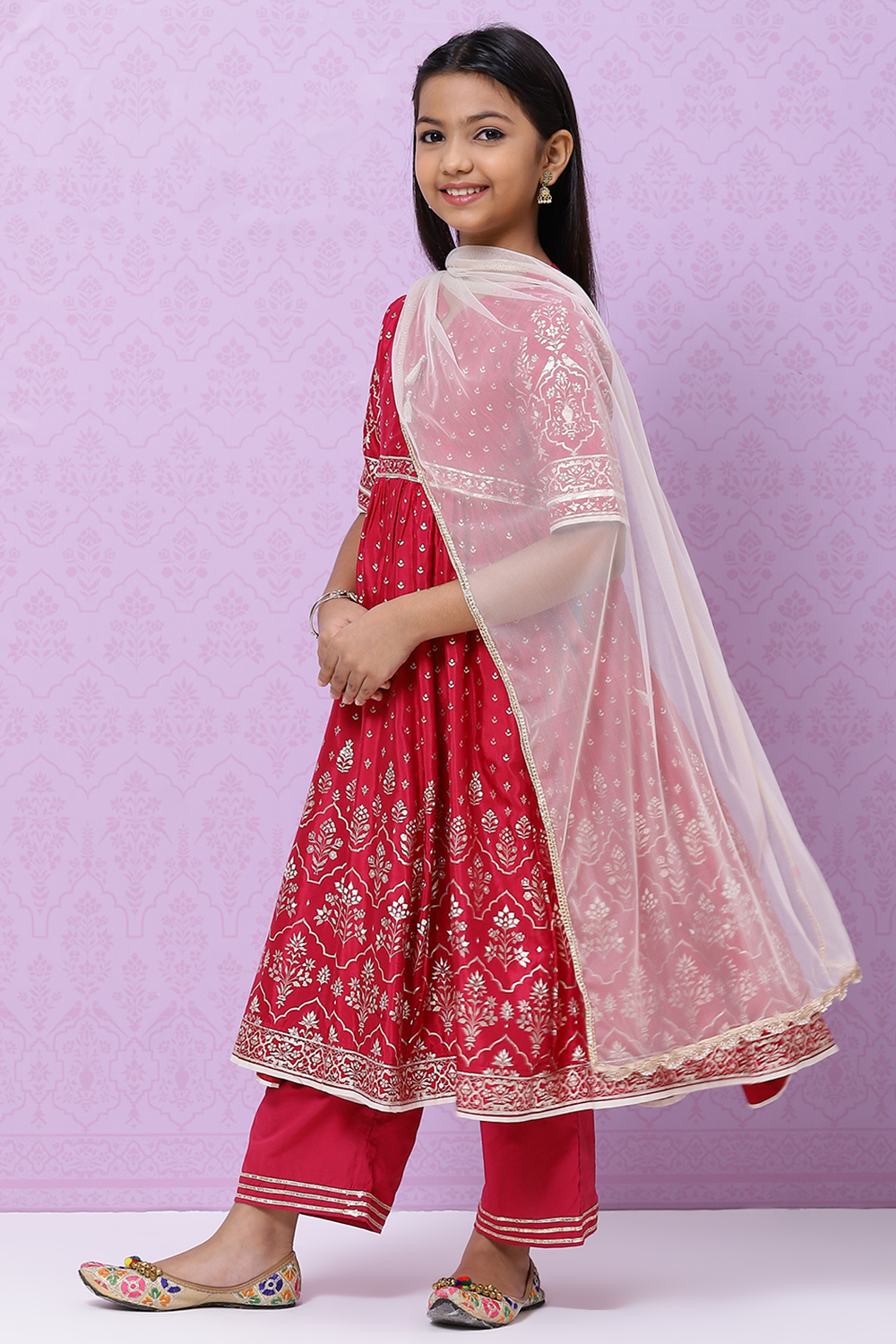 Berry Pink Viscose Girls Anarkali Straight Kurta Palazzo Suit Set image number 5