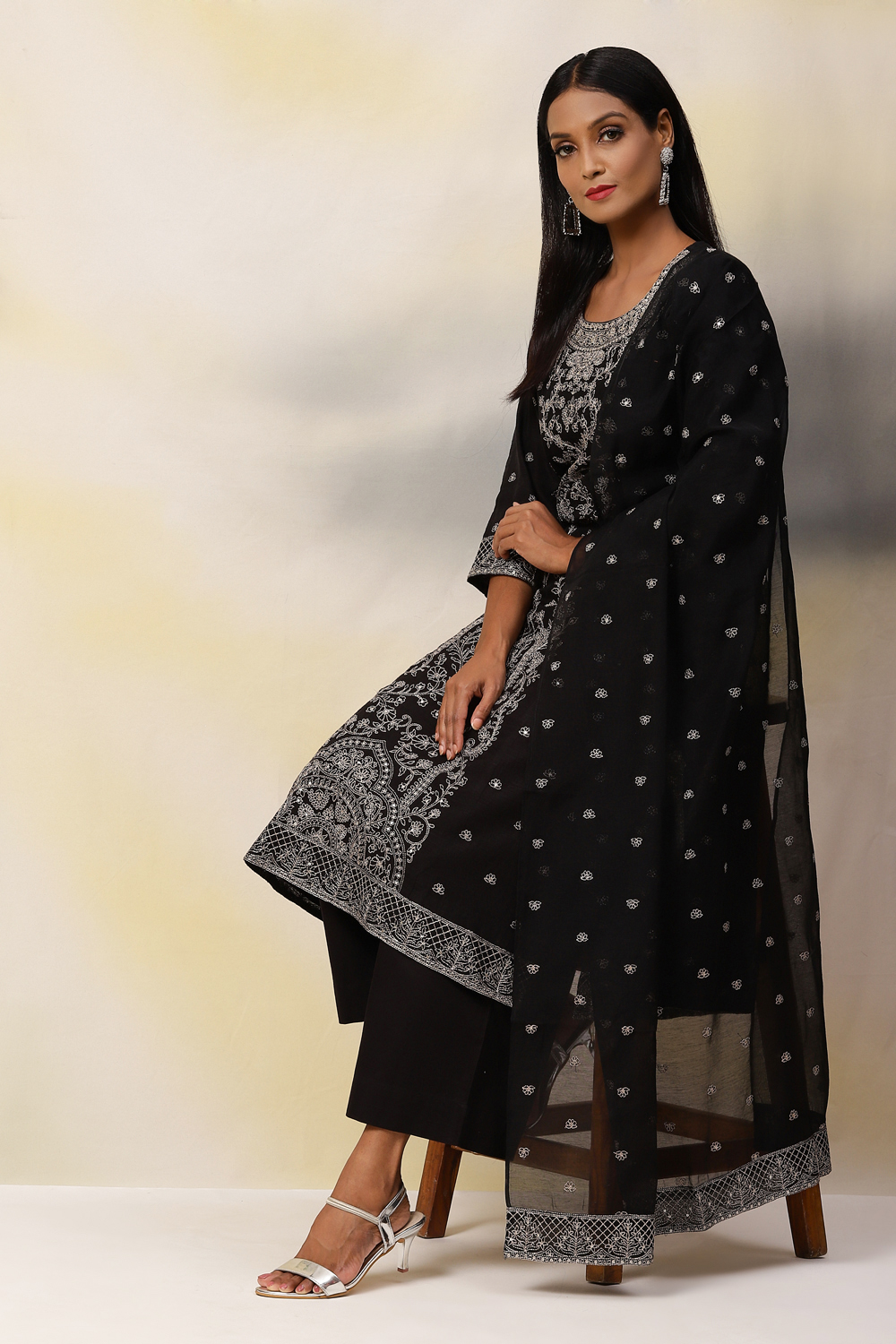 Black Art Silk Straight Kurta Palazzo Suit Set image number 0