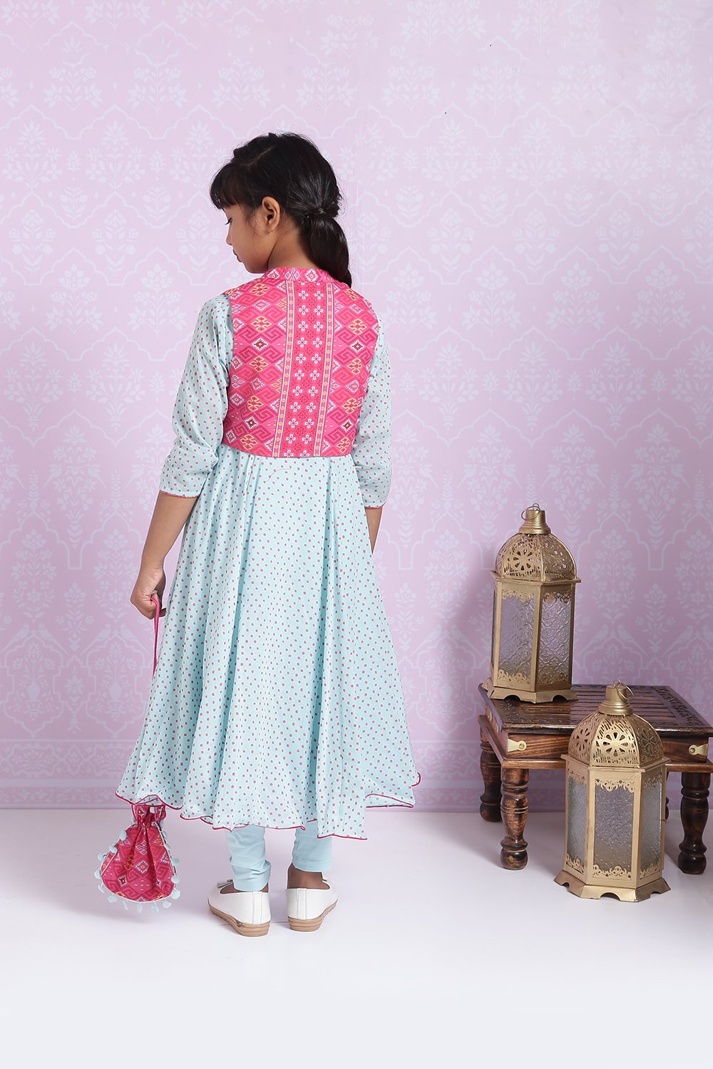 Sky Blue And Pink Cotton Anarkali Suit image number 9