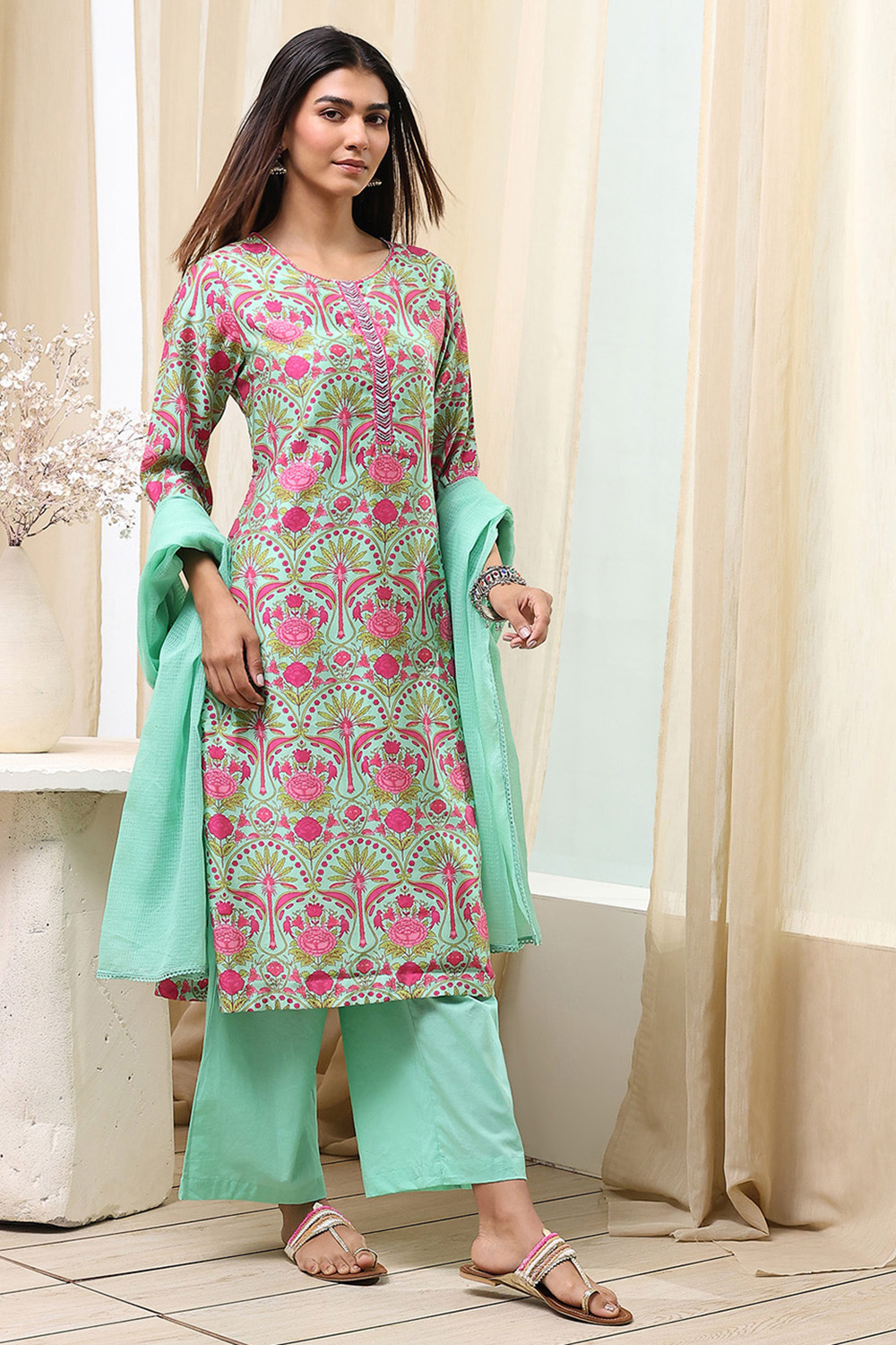 Sea Green Viscose Rayon Straight Suit Set image number 5
