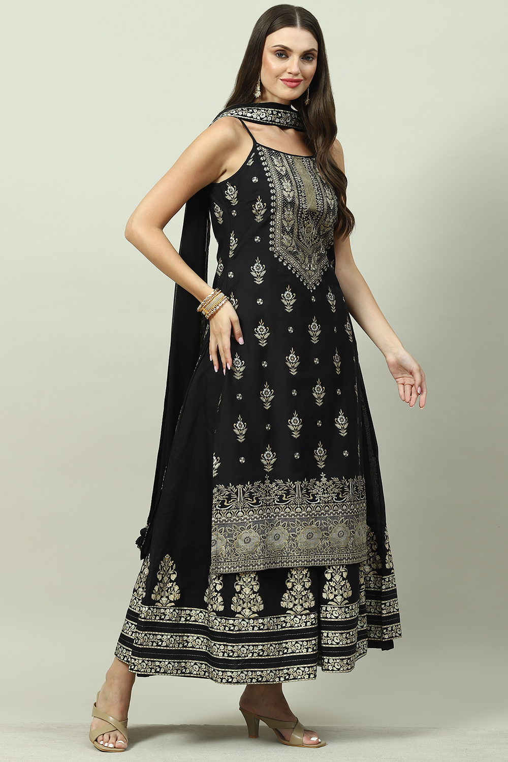 Black Art Silk Straight Kurta Sharara Suit Set image number 5