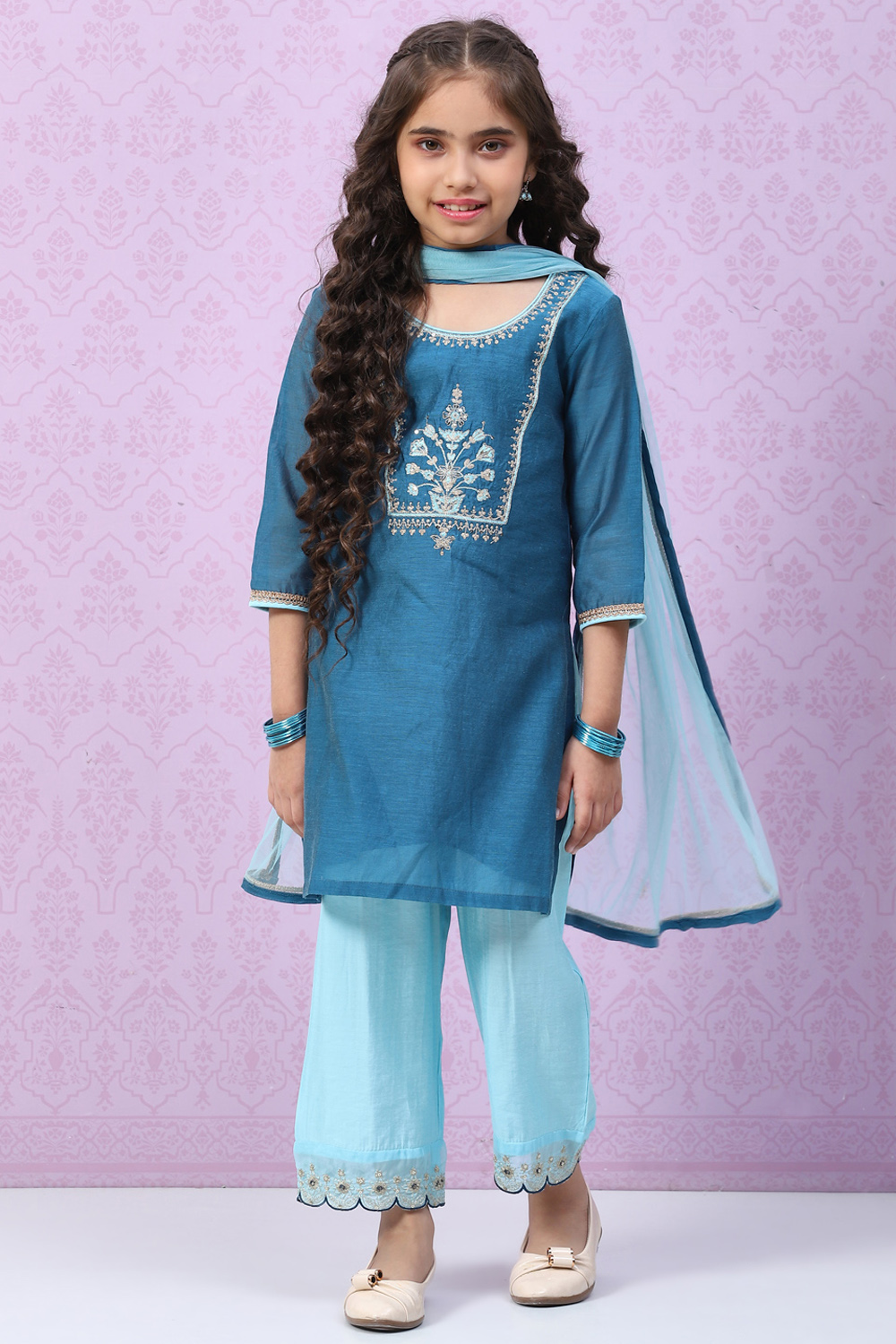 Marine Blue Art Silk Straight  Kurta Palazzo Suit Set image number 5