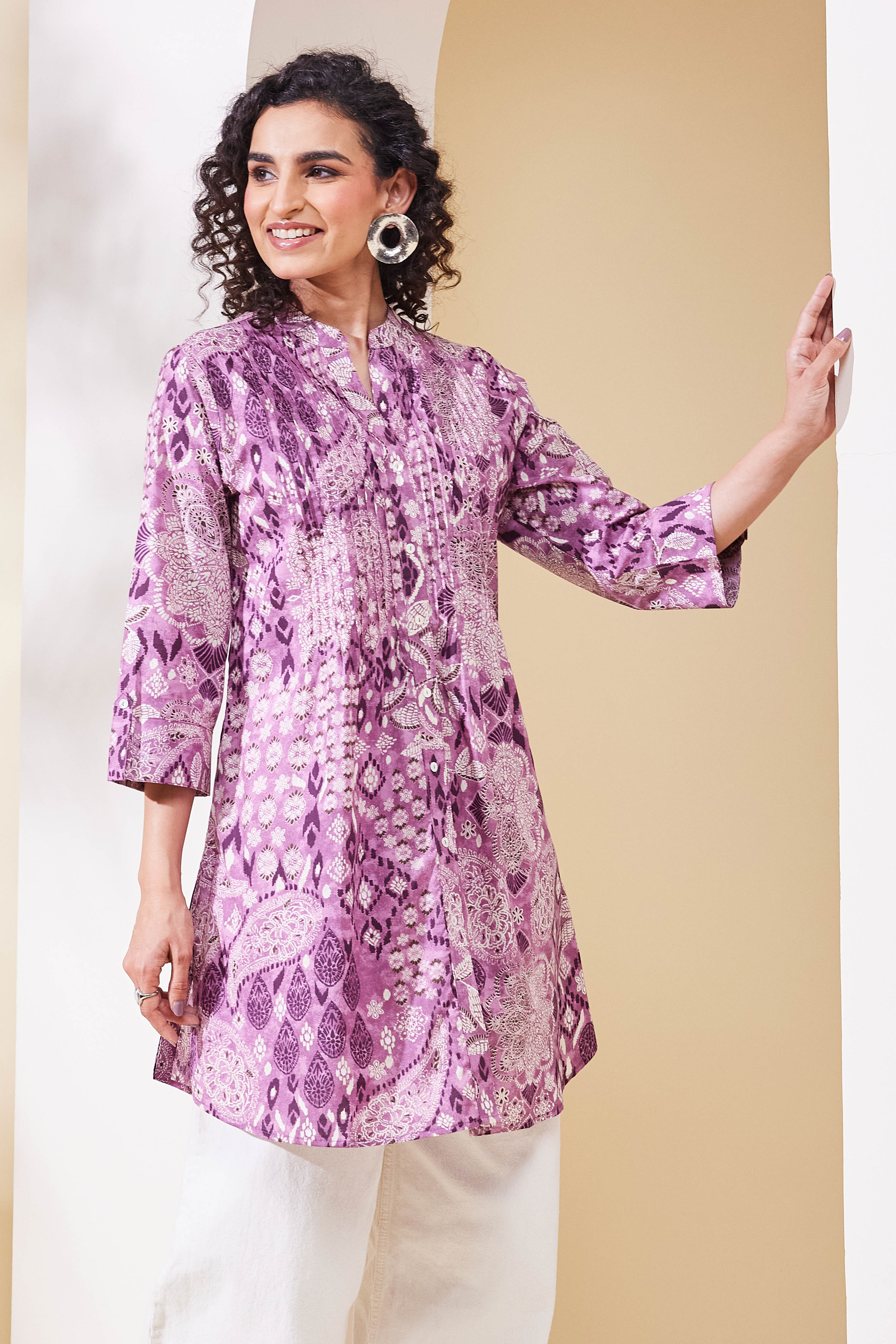 Purple Cotton Printed A-Line Kurta image number 4