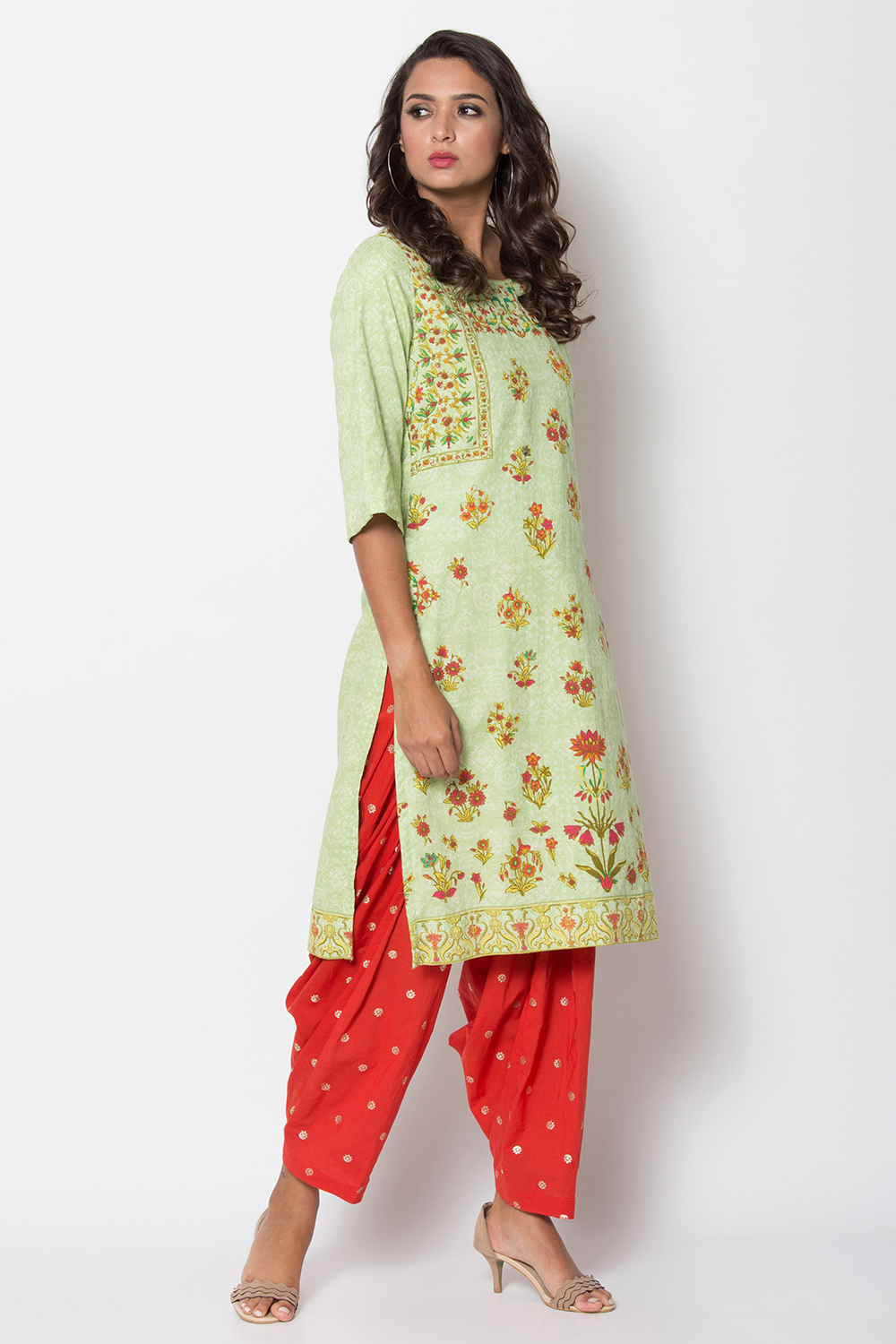 Green Metallic Cotton Straight Printed Kurta image number 0