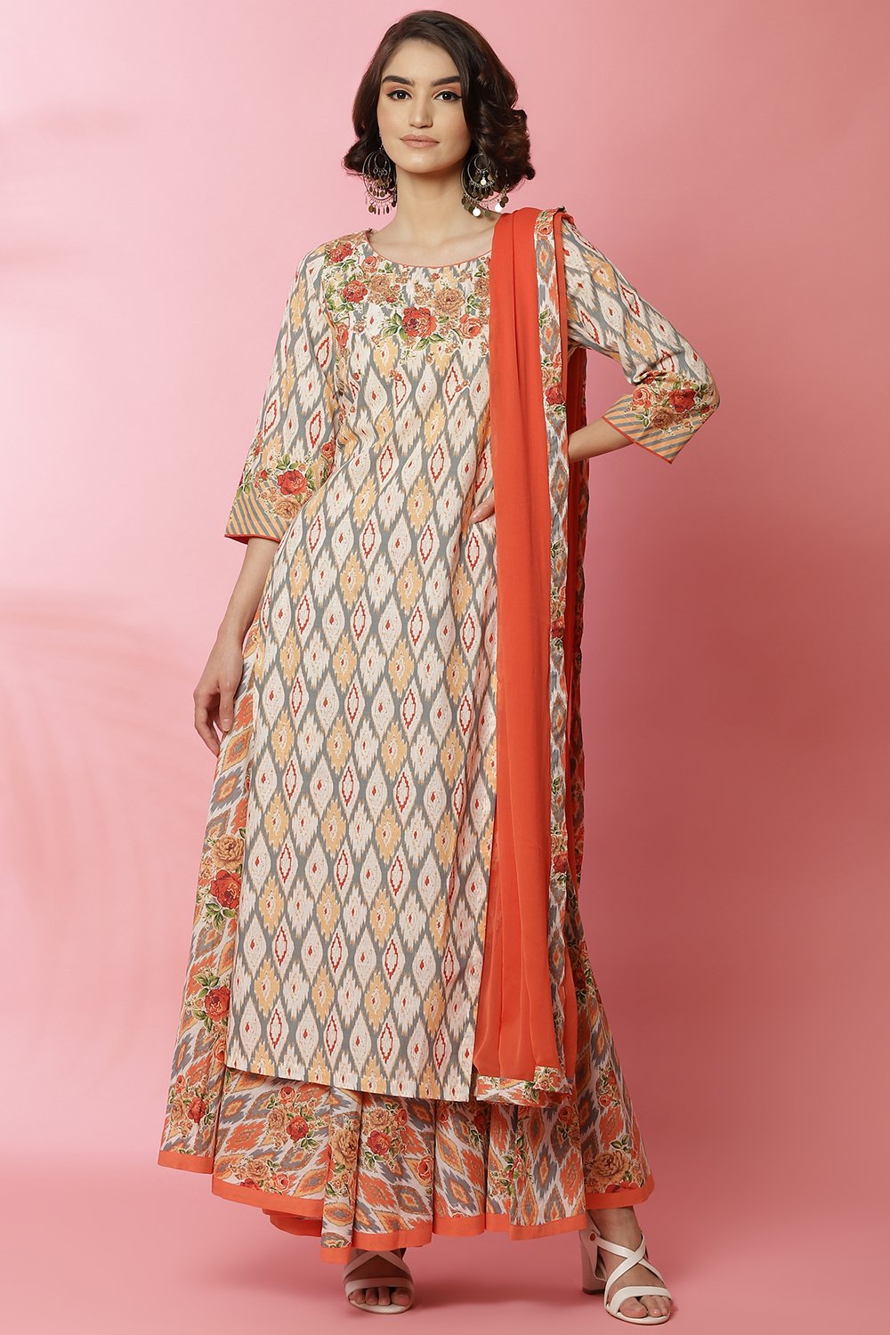 Multi-coloured Cotton Straight Kurta Skirt Suit Set image number 0