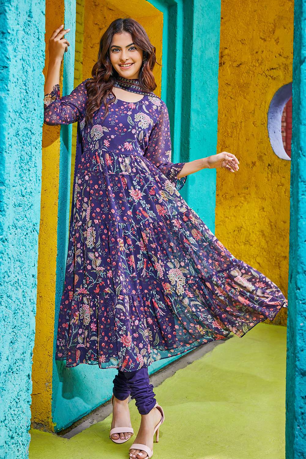 Indigo Polyester Anarkali Suit Set image number 0