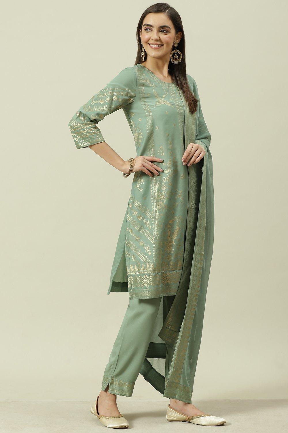 Sage Green Printed Straight Kurta Slim Pants Suit Set image number 6