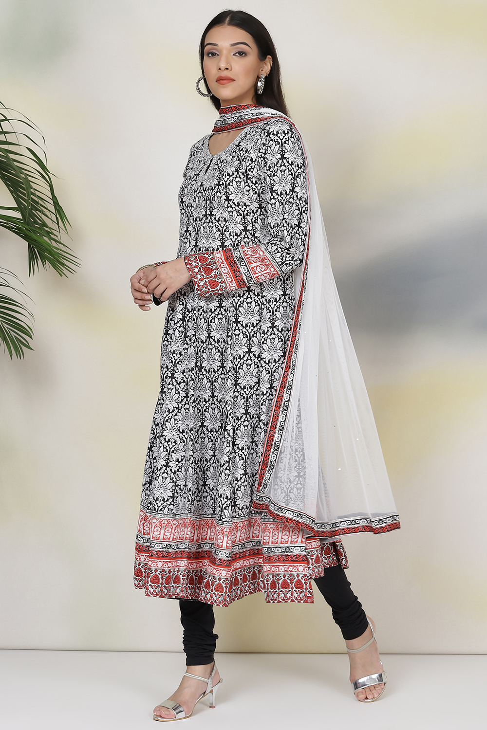 Black And White Rayon Kalidar Kurta Churidar Suit Set image number 3