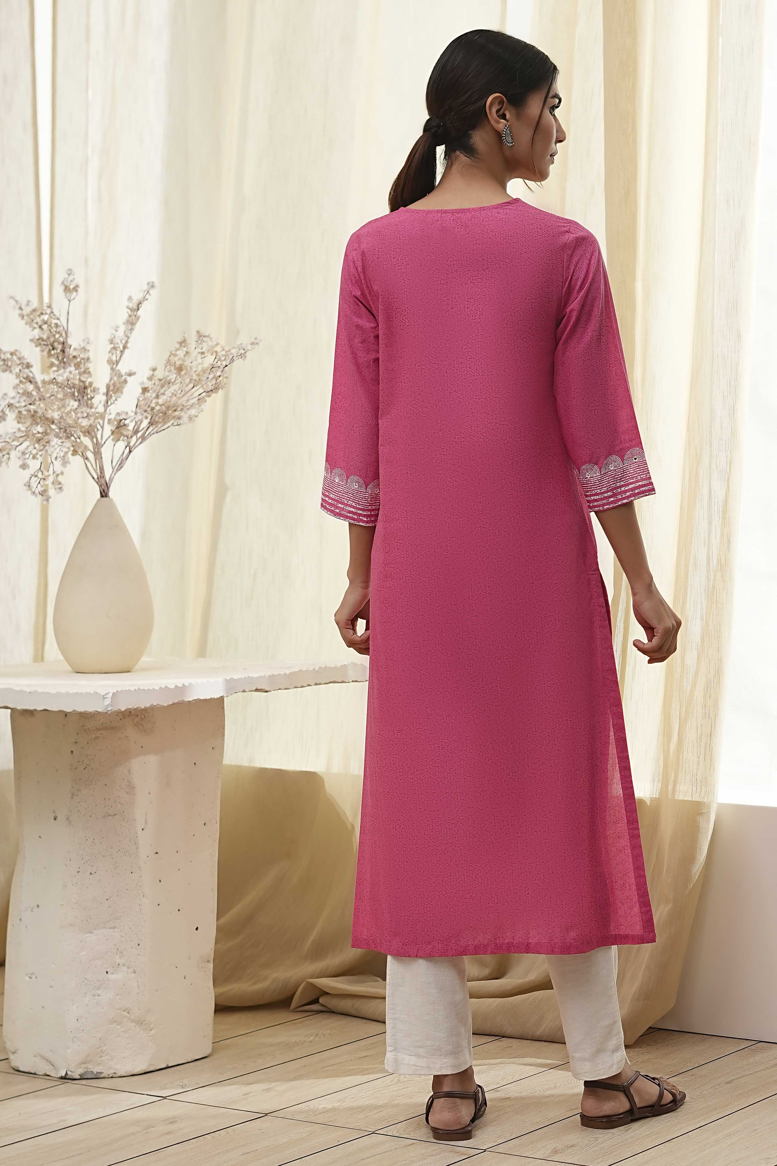 Pink Pure Cotton Printed Straight Kurta image number 3