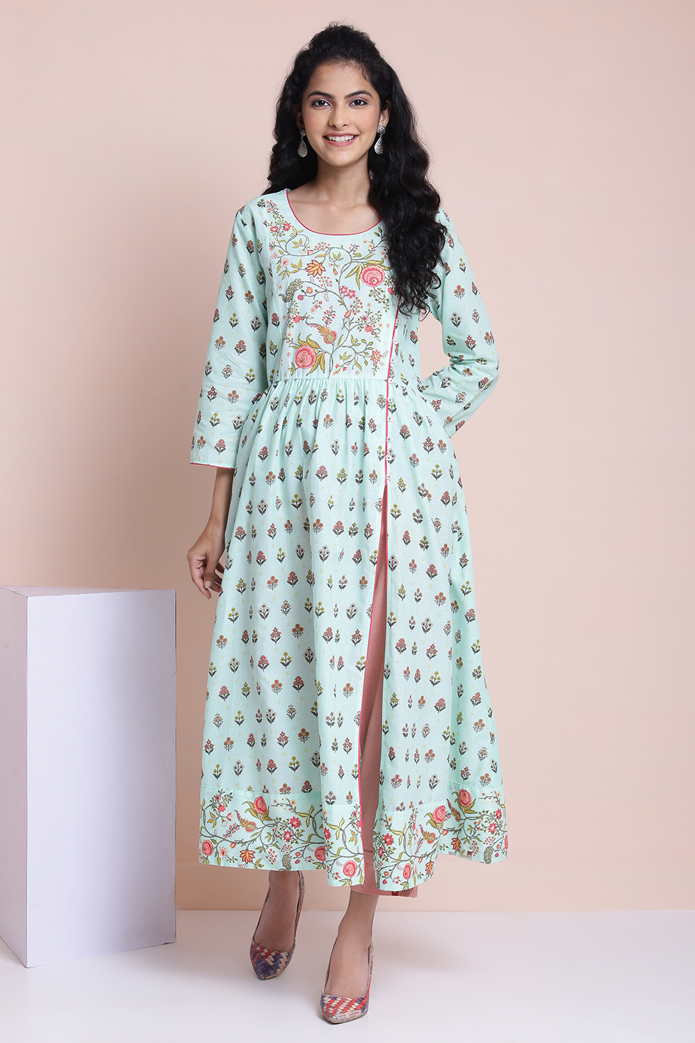 Mint Cotton High Slit Printed Kurta image number 1