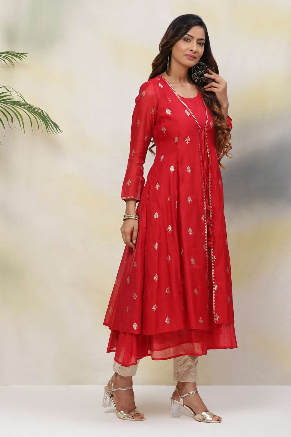 Red Flared Poly Modal Yarndyed Kurta image number 5