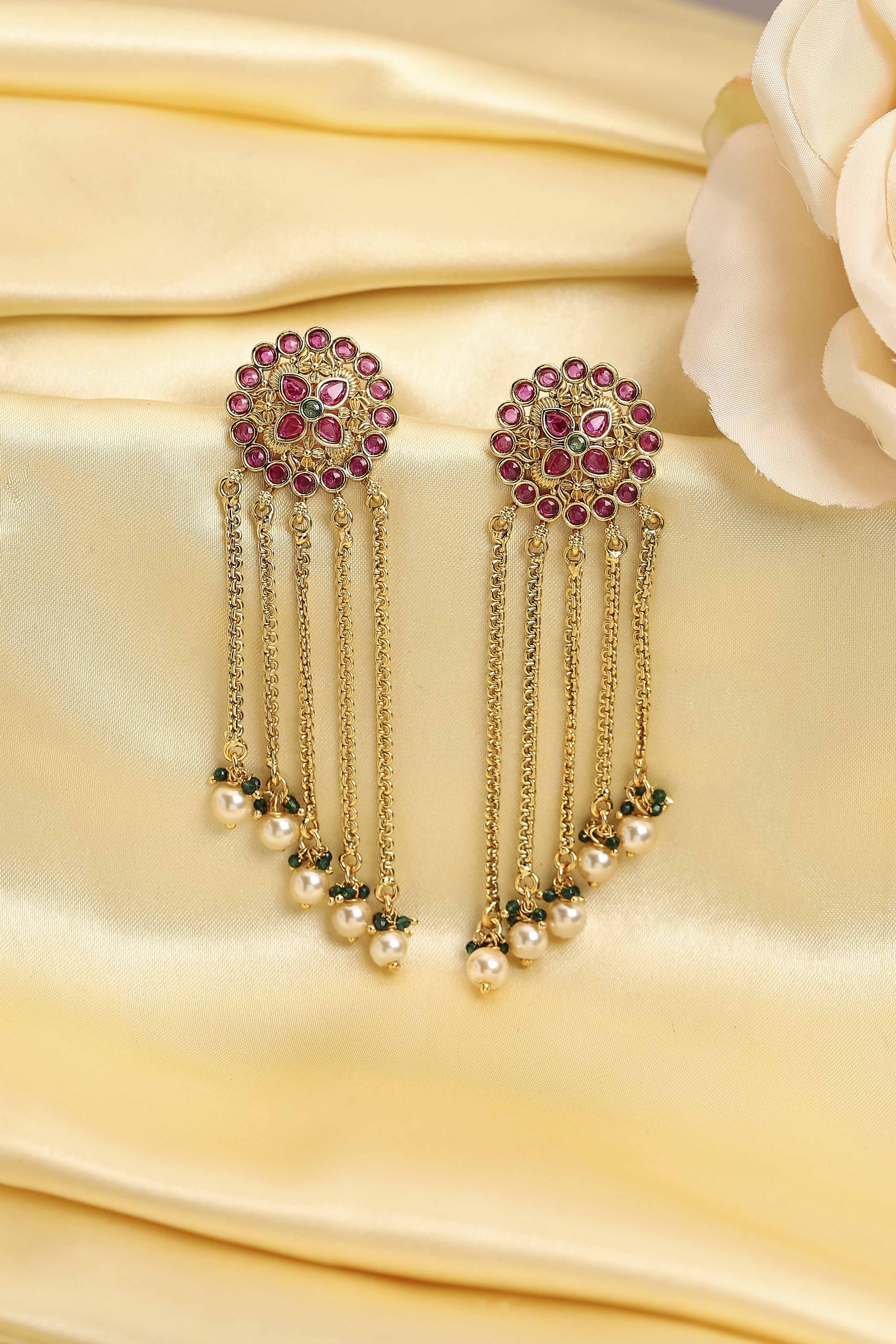Multicolour Gold Plated Brass Stone Studded Drop Earrings image number 0