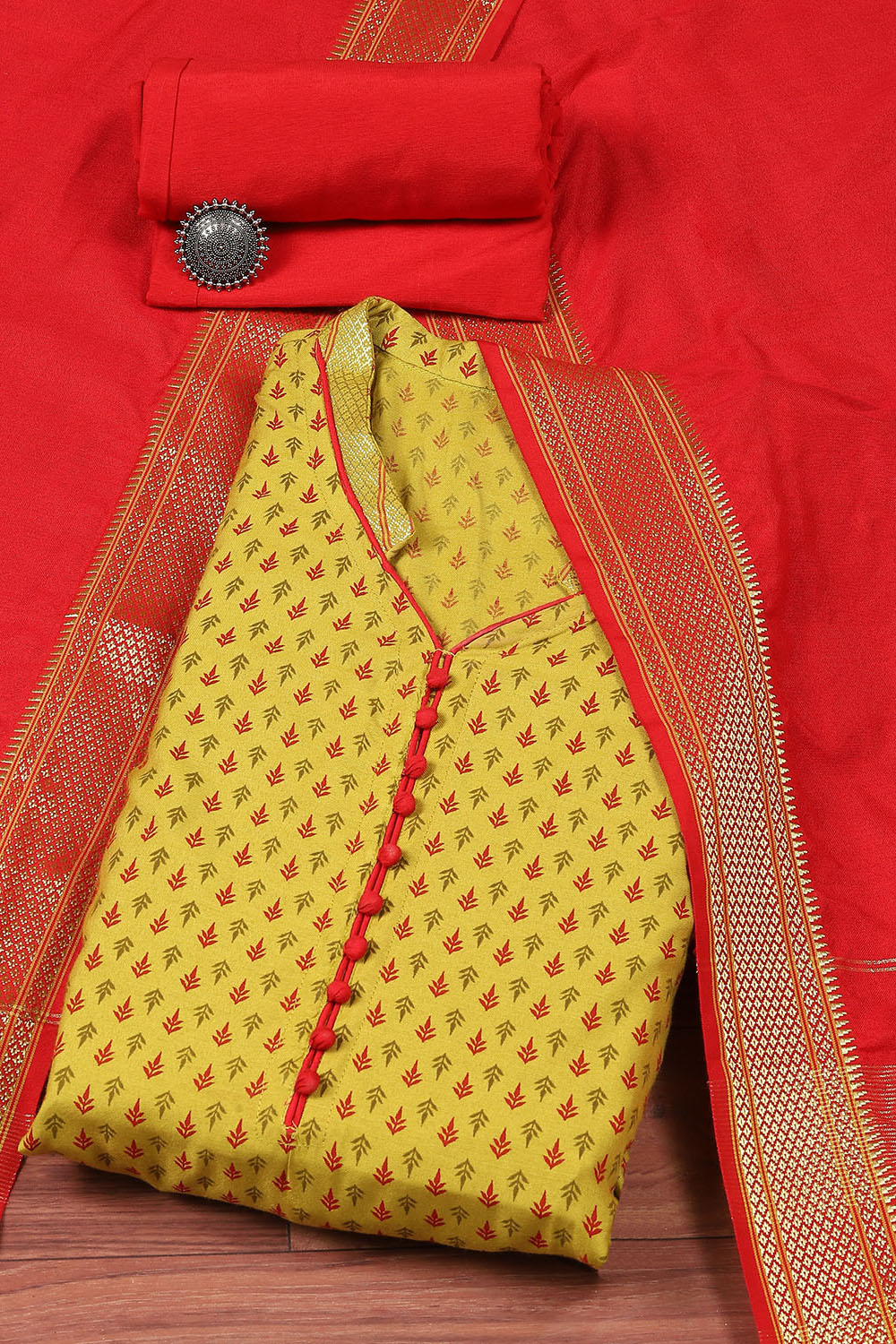 Yellow Cotton Handloom Unstitched Suit Set image number 0