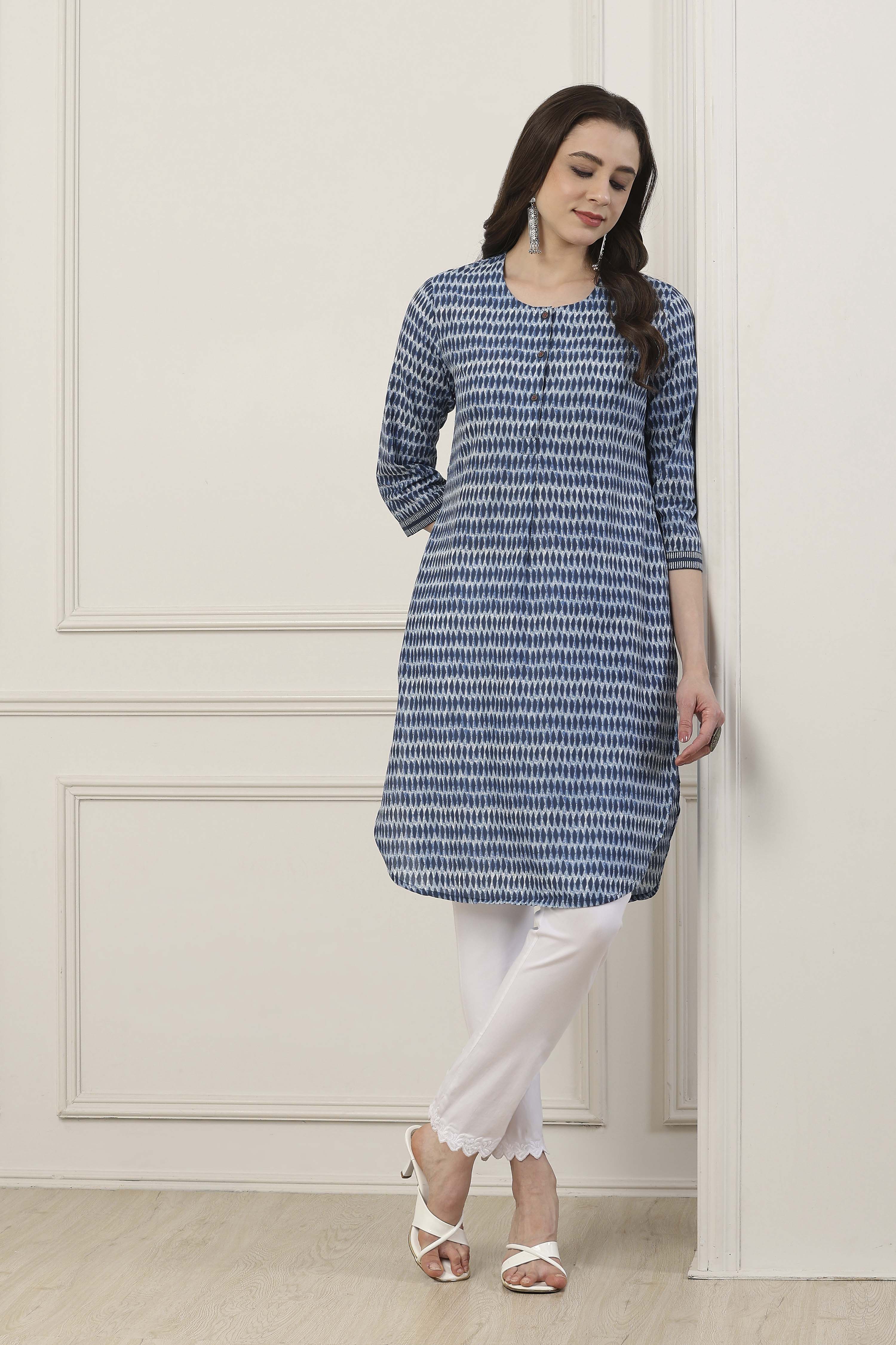 Indigo Blue Geometric Printed Straight Kurta image number 0