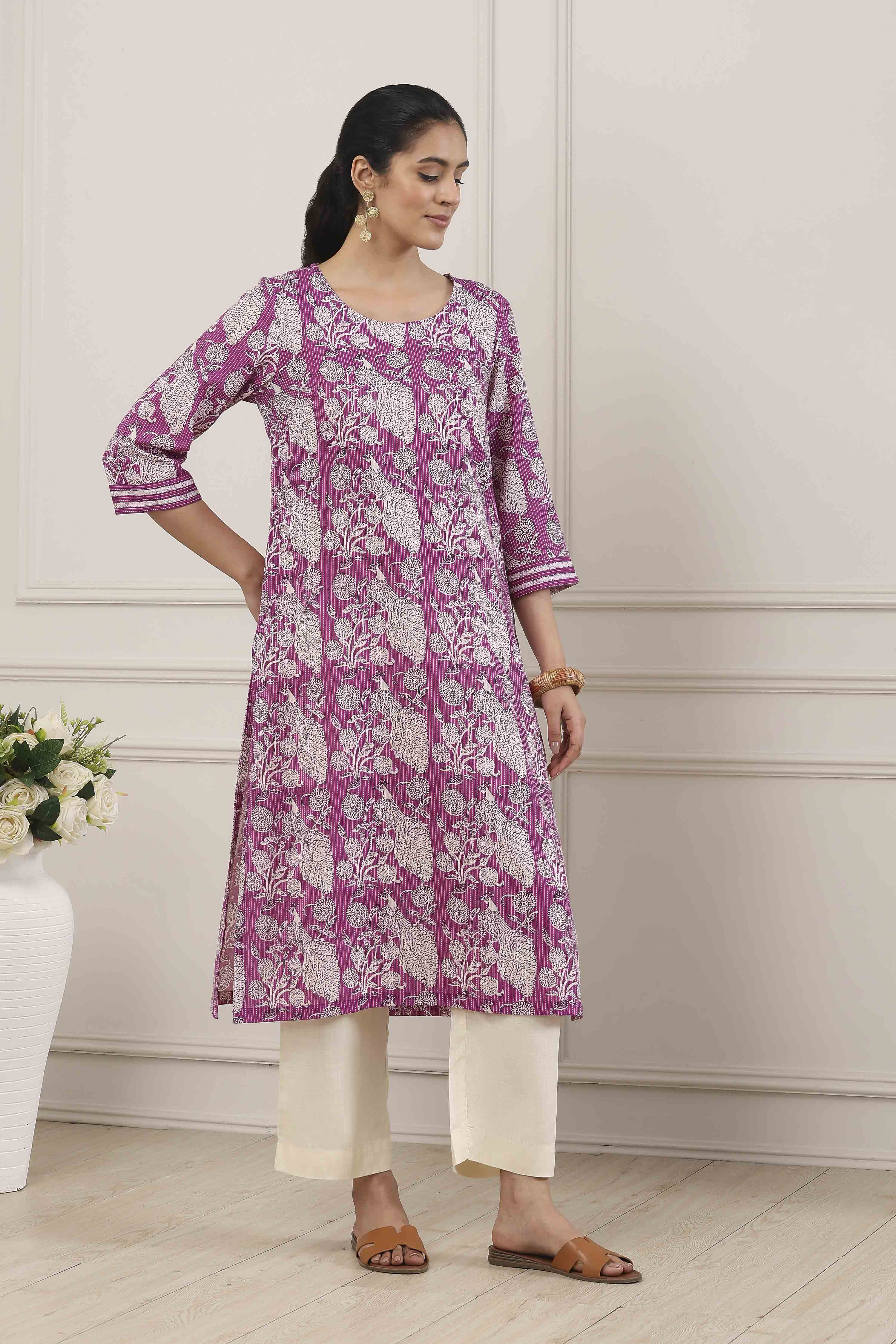 Purple Cotton Straight Kurta image number 4