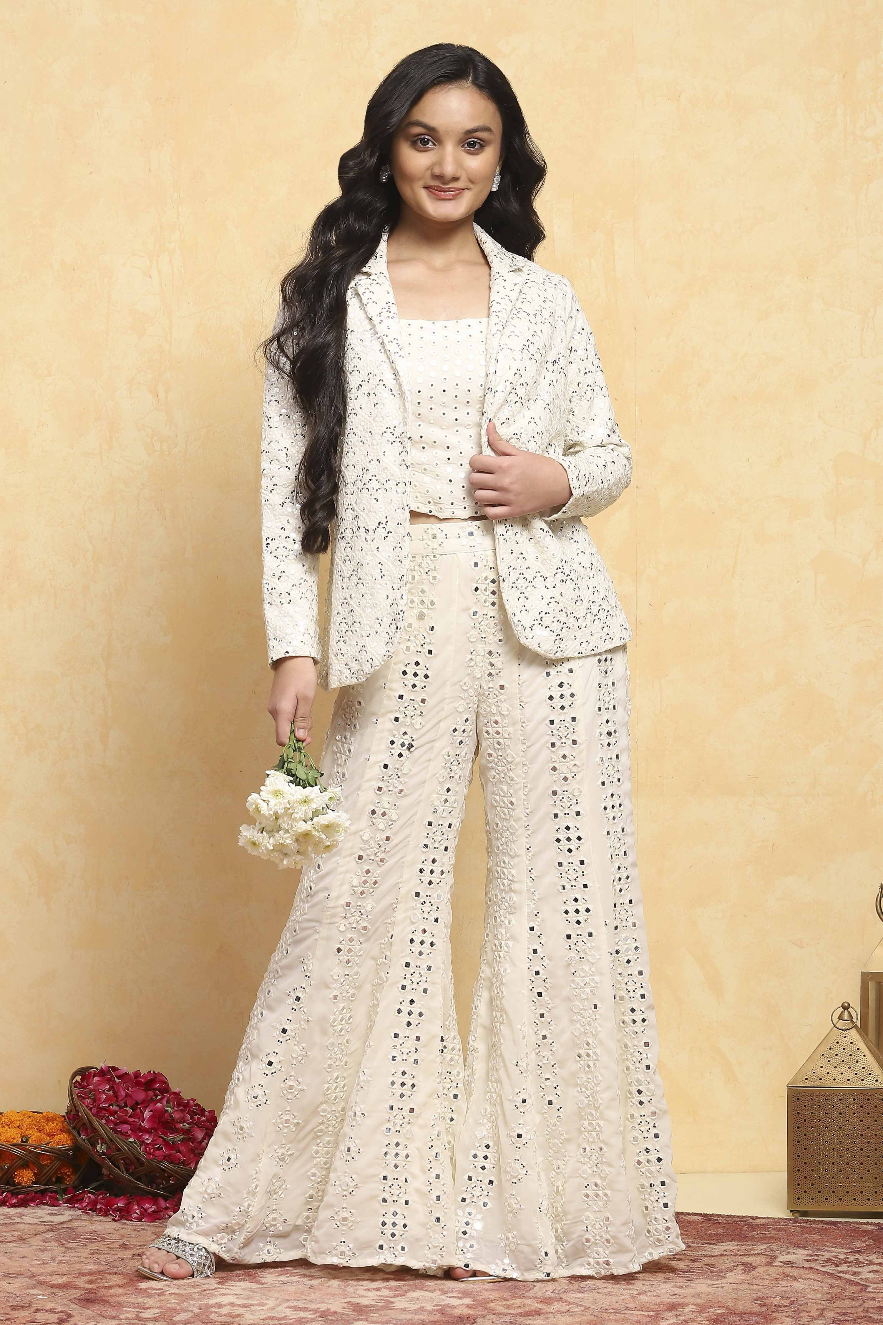 White Poly Georgette Embroidered Straight 3 Piece Set image number 0
