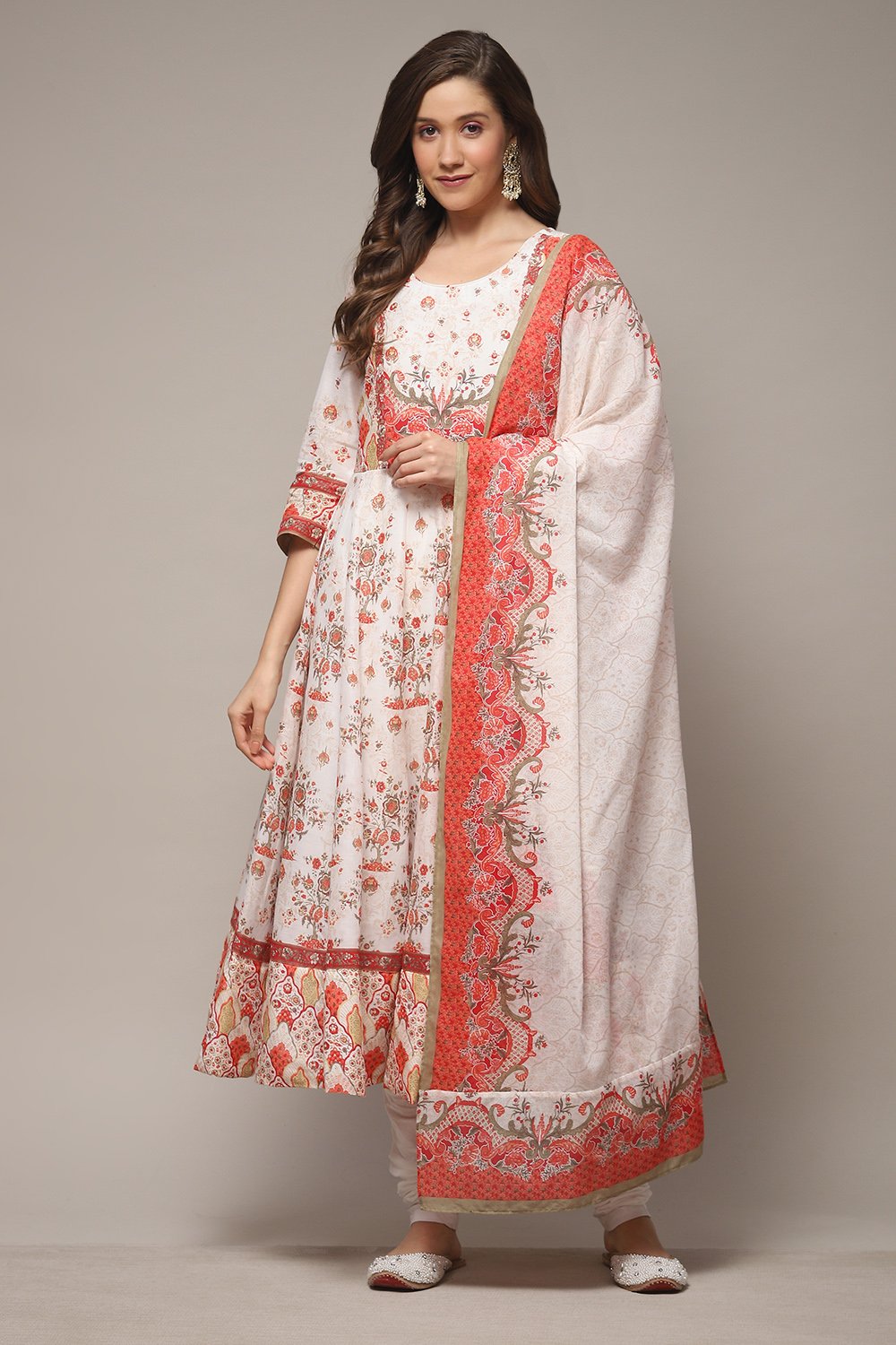 Cream Cotton Anarkali Kurta Churidar Suit Set image number 1