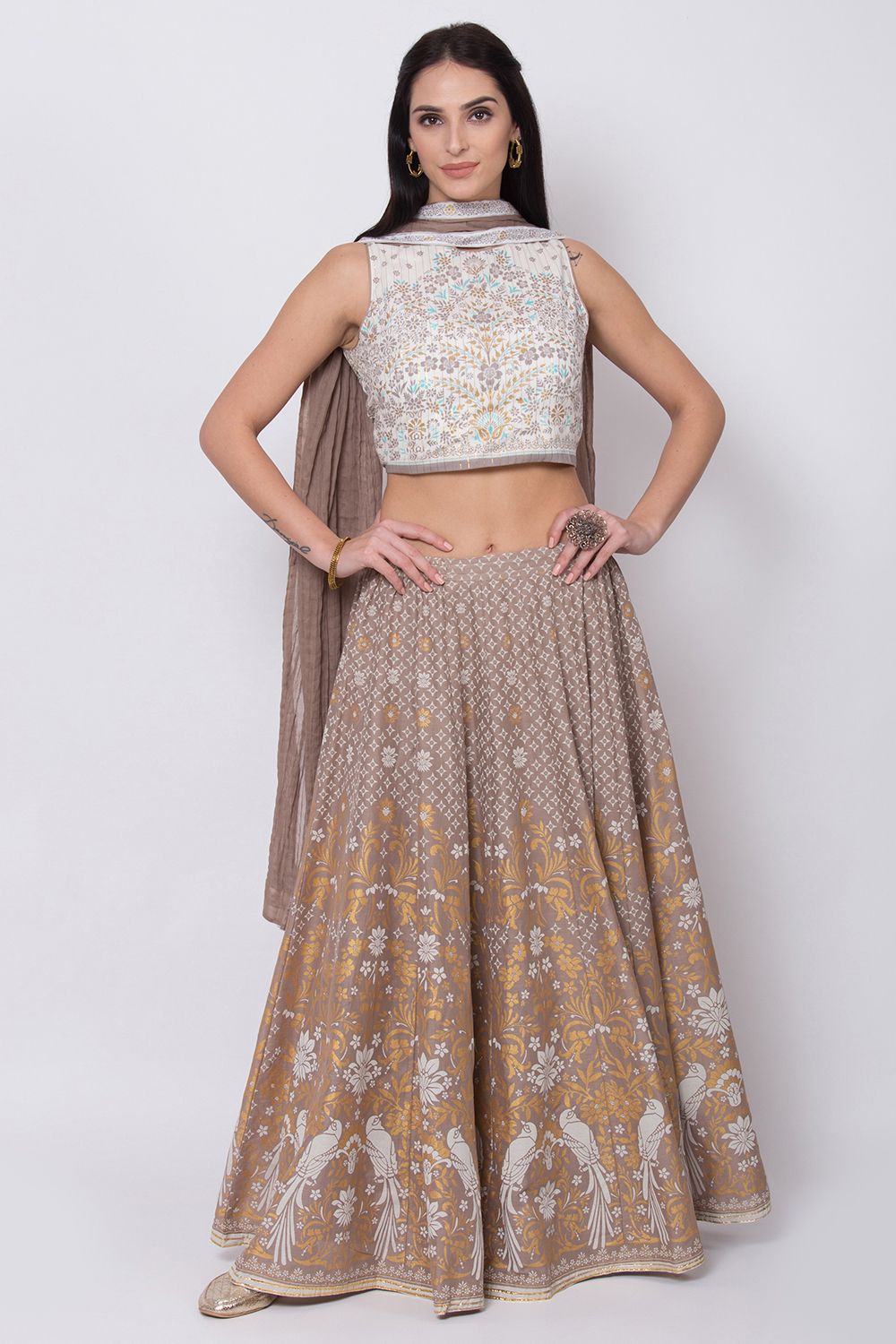 Off White And Brown Lehenga Set image number 2