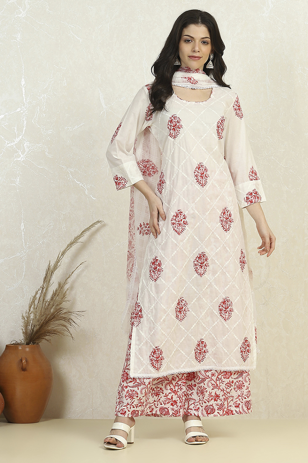 White Pink Cotton Hand Block Print Unstitched Suit Set image number 1