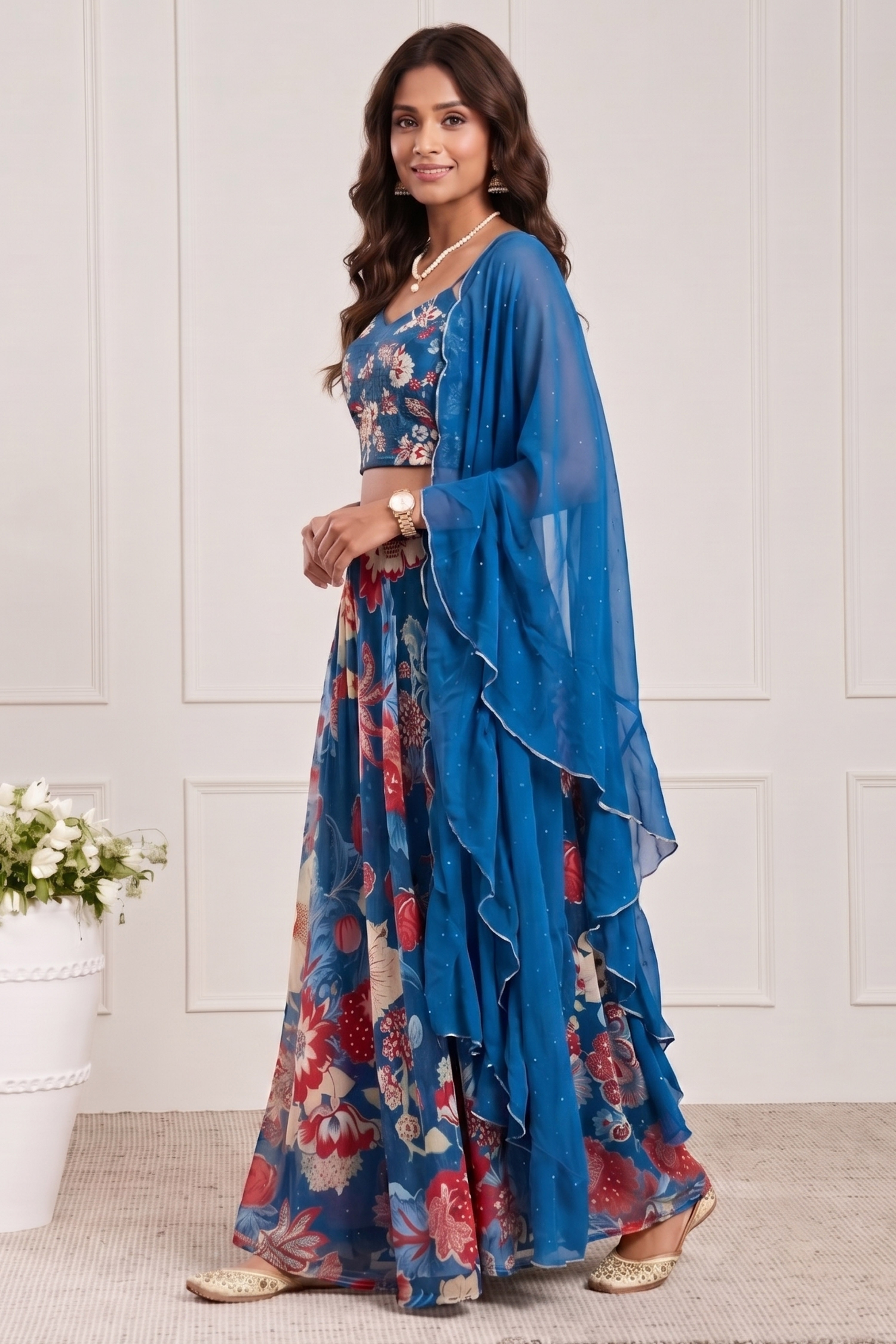 Blue Viscose Rayon Printed Lehenga Set image number 4