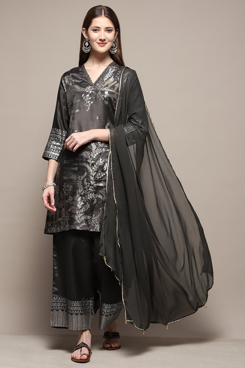 Sage Green Art Silk Straight Kurta Palazzo Suit Set image number 0