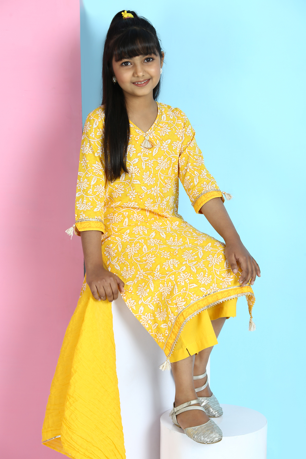 Yellow Cotton A-Line Straight Kurta Palazzo Suit Set image number 6