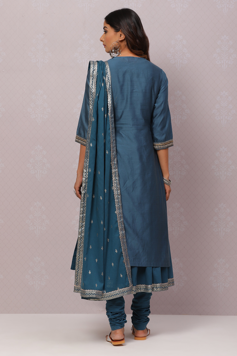 Teal Cotton Silk Flared Kurta Churidar Suit Set image number 8