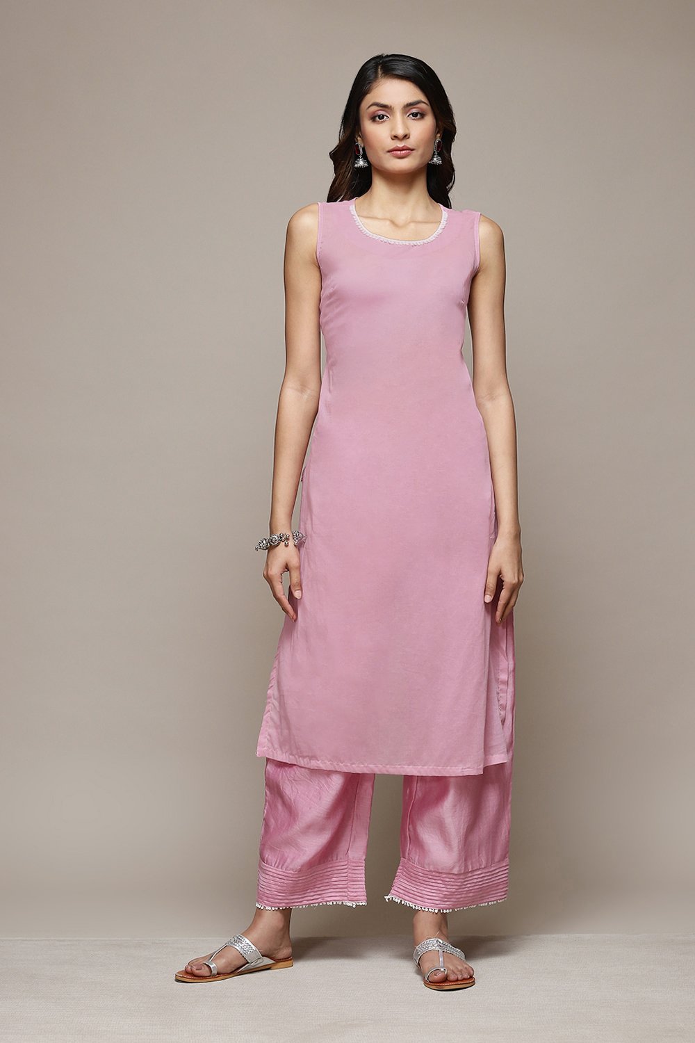 Light Mauve Cotton Blend Straight Kurta Palazzo Suit Set image number 1