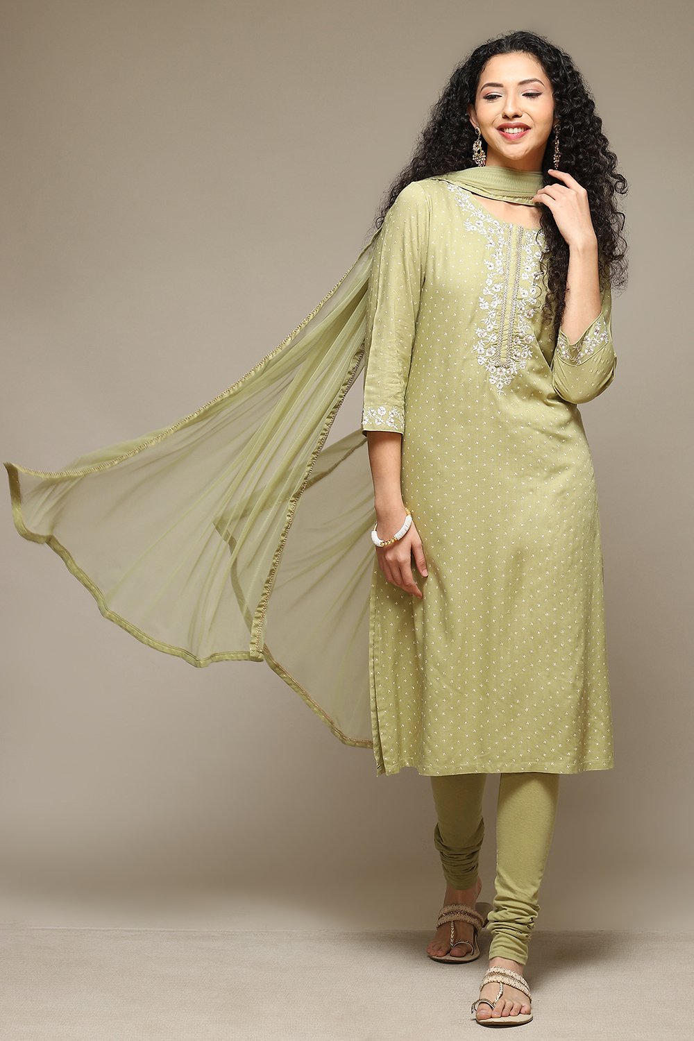 Sage Green Rayon Straight Kurta Churidar Suit Set image number 0