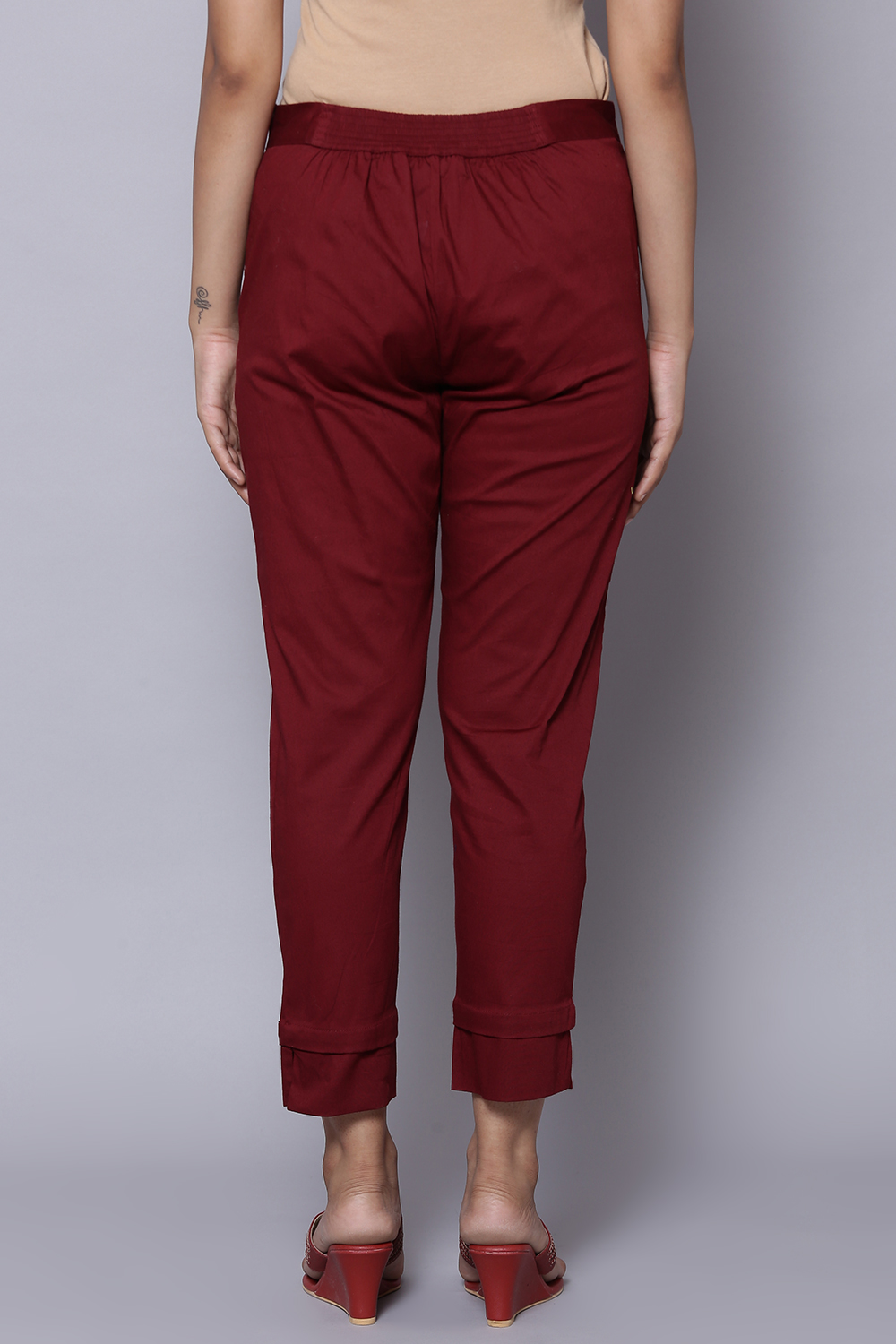 Maroon Cotton Lycra Pants image number 4