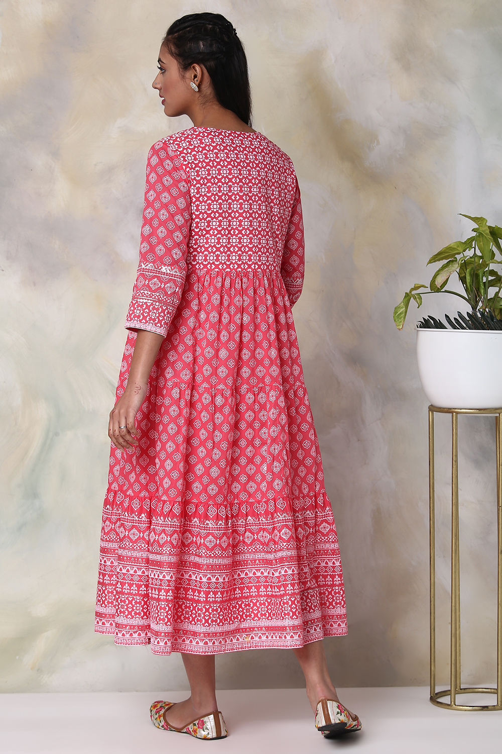 Pink Cotton Double Layered Printed Kurta Dress image number 8
