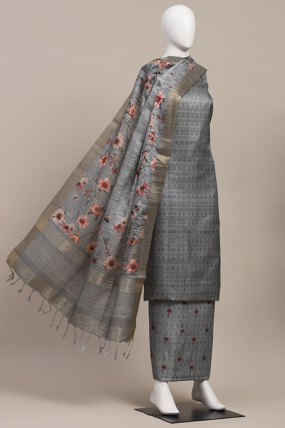 Peach Silk Tussar Handloom Unstitched Suit Set image number 4