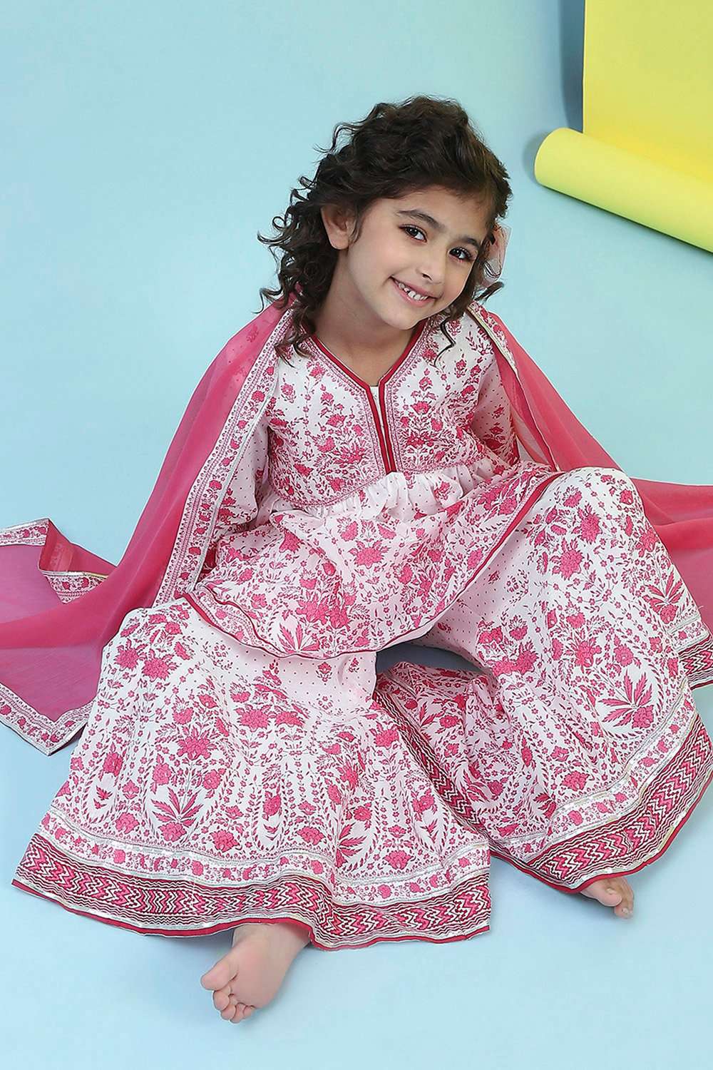 Off White/Pink Cotton A-Line Garara Set image number 0