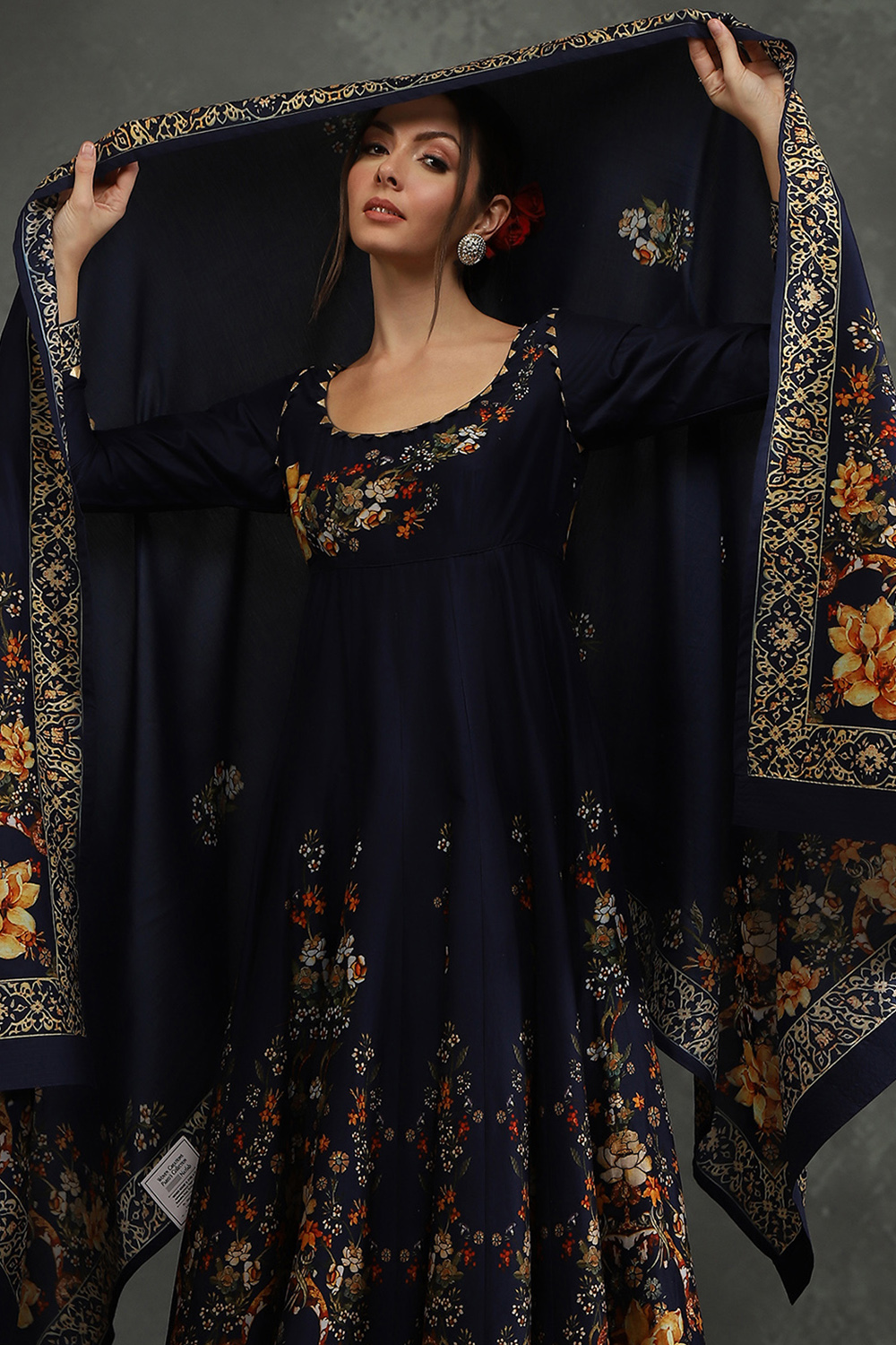 Rohit Bal Indigo Silk Chanderi Floral Anarkali Suit Set image number 7