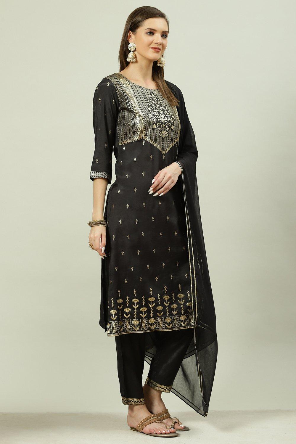 Olive Printed Viscose Straight Kurta Regular Pants Suit Set image number 6