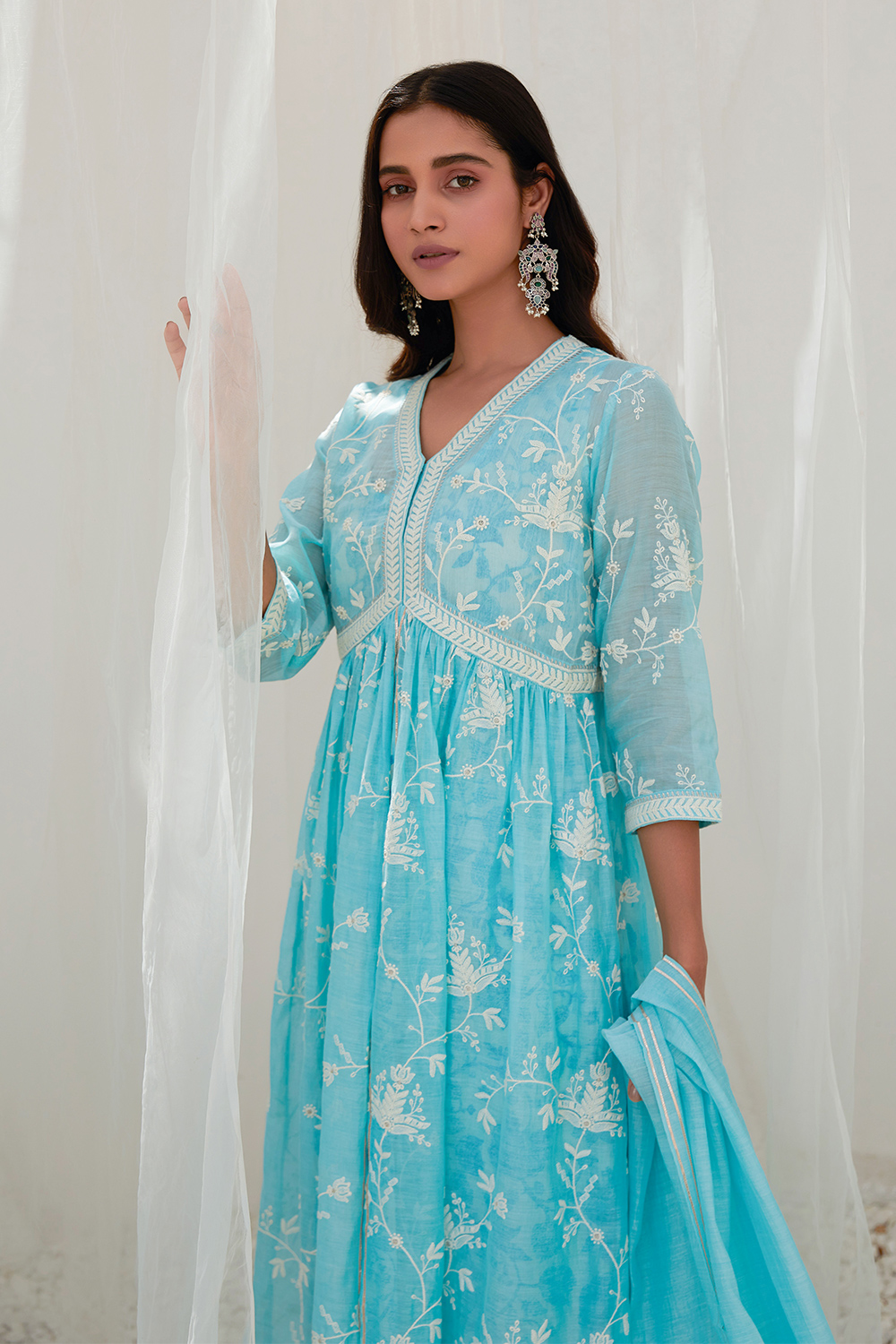 Aqua Cotton Silk Gathered Suit Set image number 0