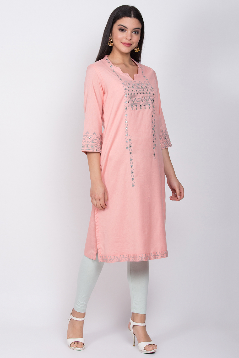 Peach Cotton Flax Straight Printed Kurta image number 3