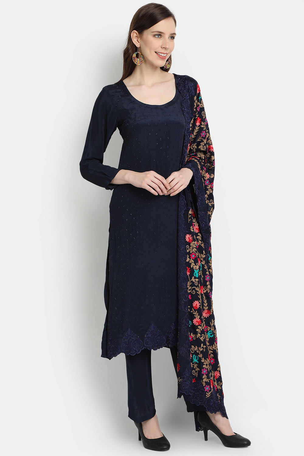 Navy Blue Crape Easy Stitch Suit Set image number 3