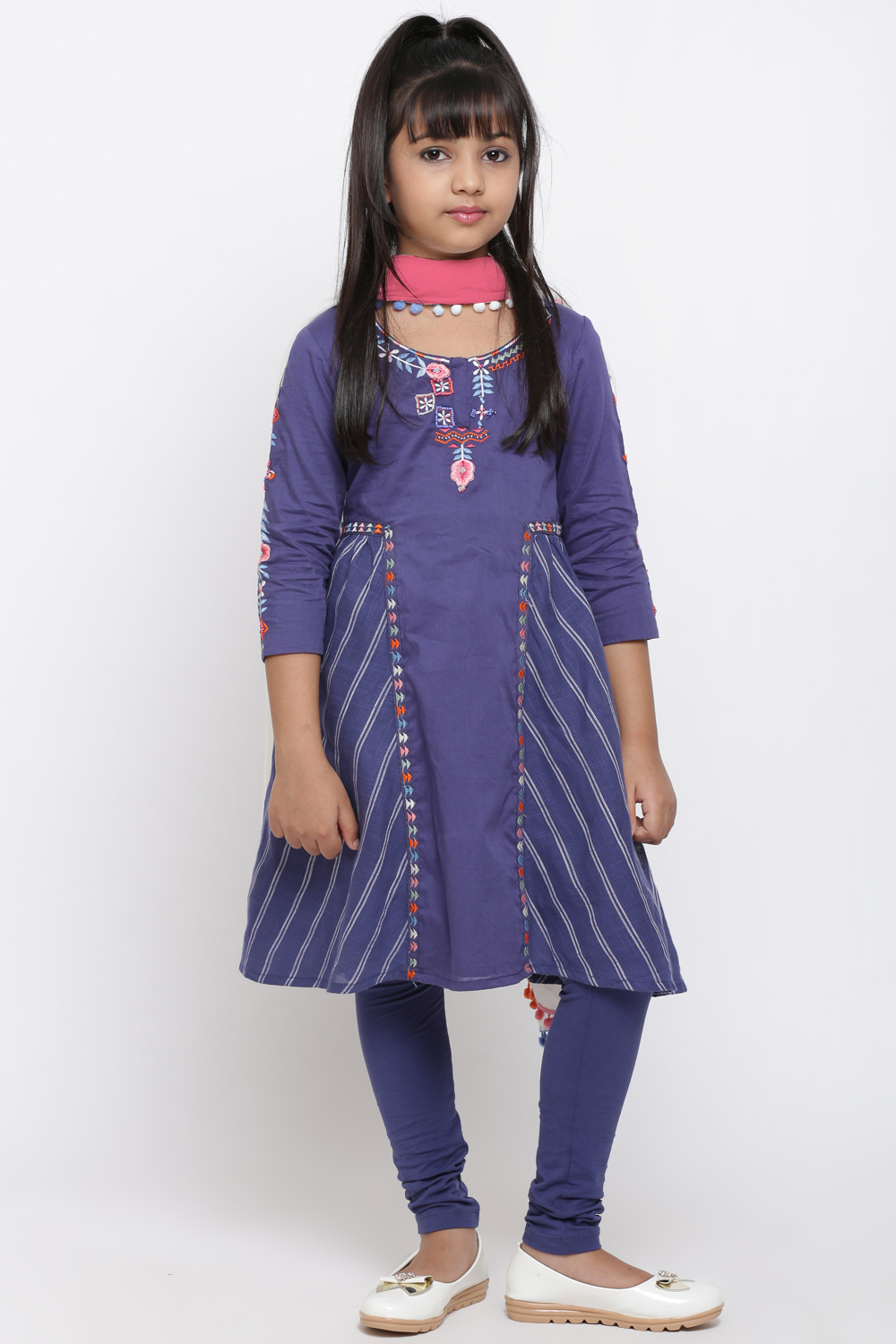 Blue Cotton A-Line Kurta Churidar Suit Set image number 3