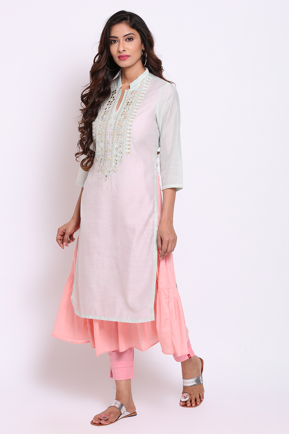 Mint Green Art Silk Double Layered Kurta image number 2